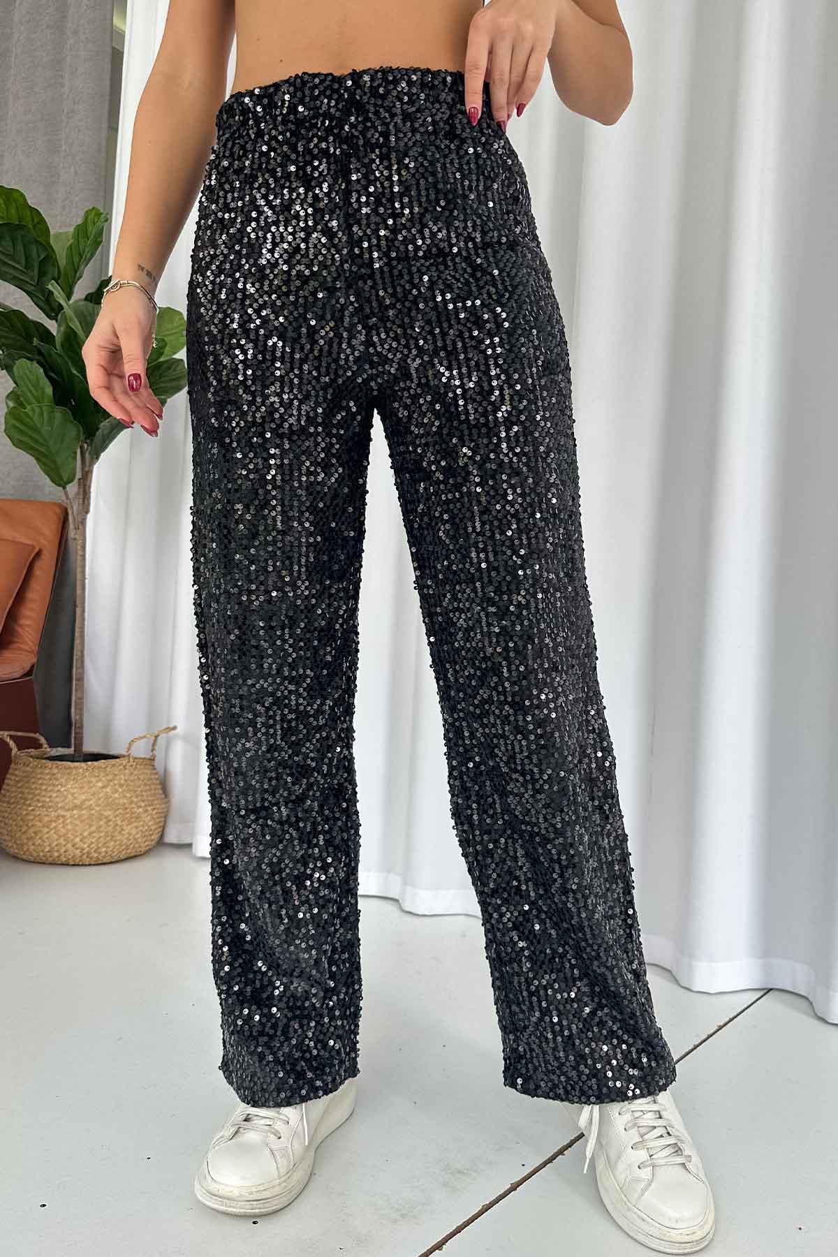 Pullu Straight Kadın Pantolon - Siyah