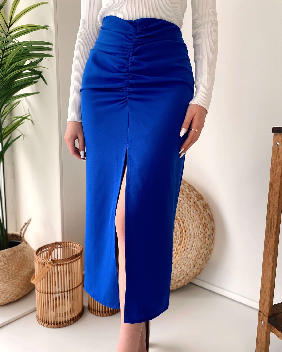 Saks Mavi Drape Büzgü Kadın Etek