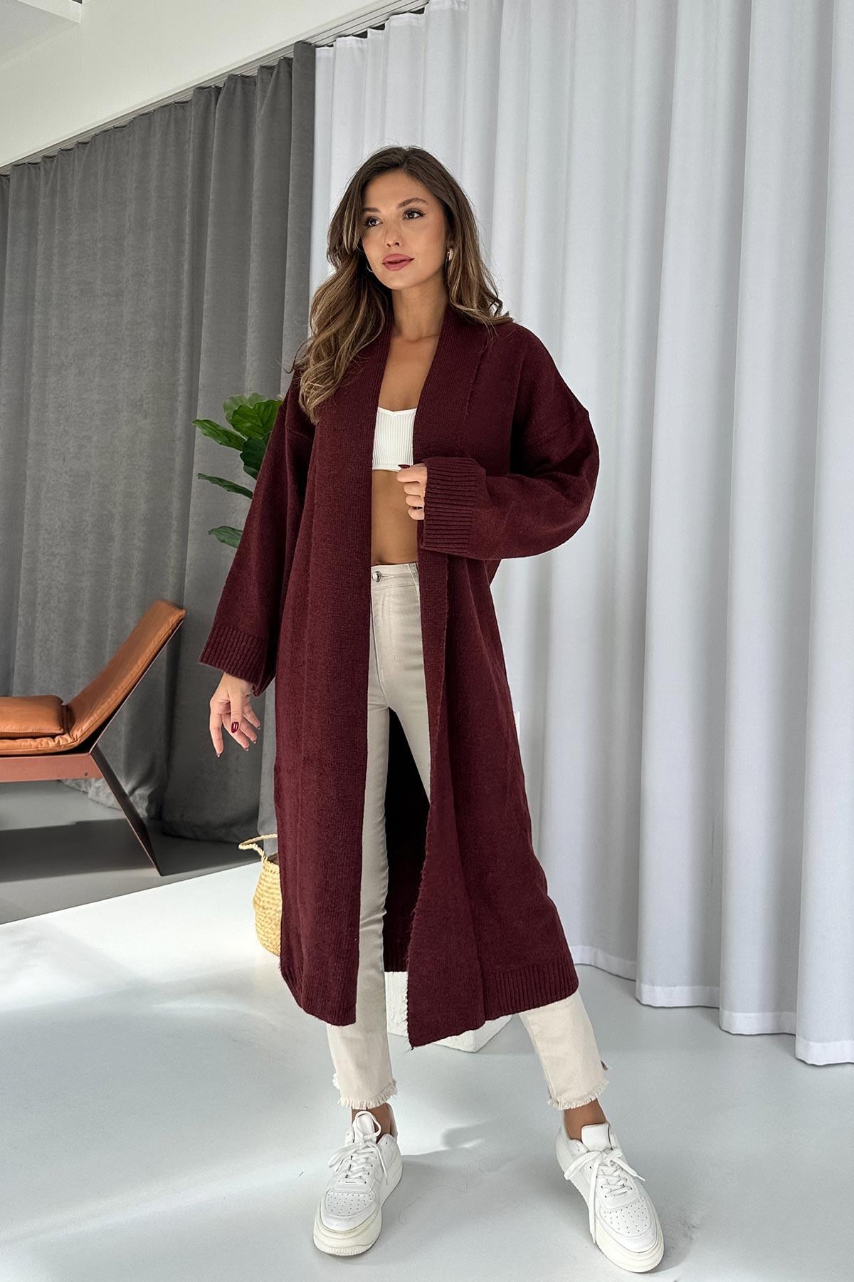 Şal Yaka Uzun Triko Hırka - Bordo