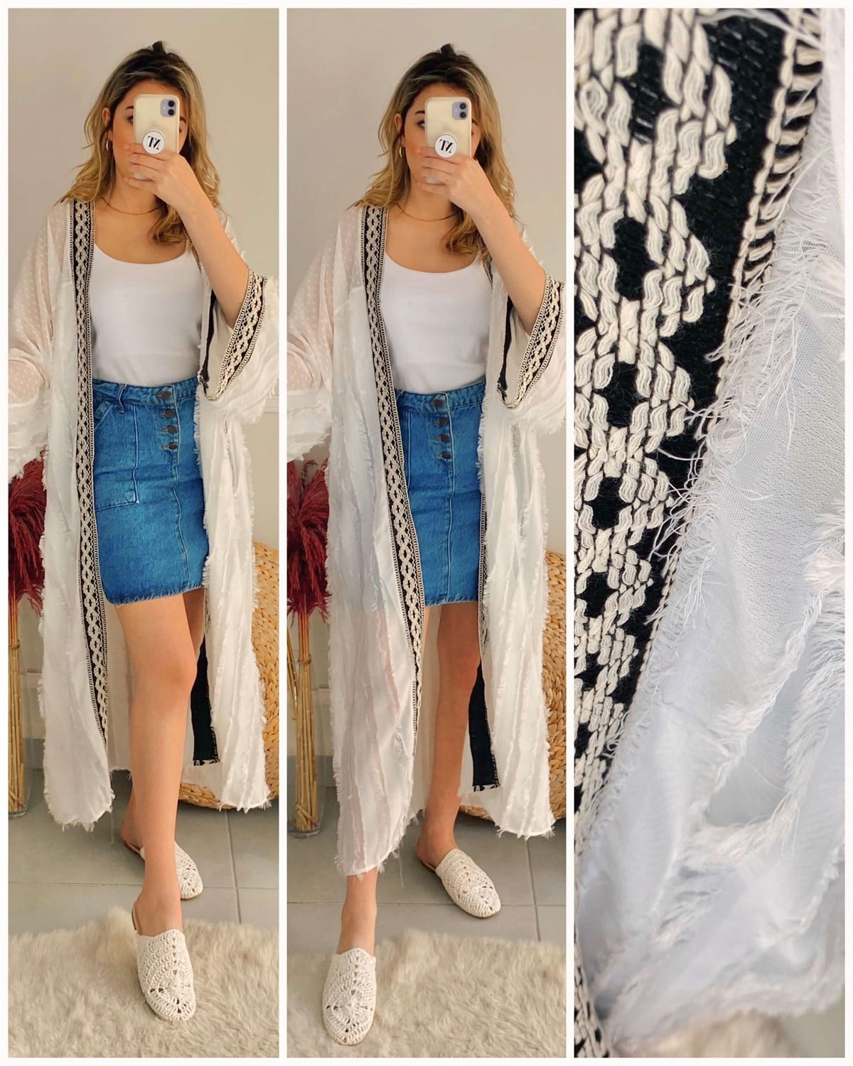 Siyah Etek Ucu Beyaz Nakış Detay Çiçek Motifli Kimono Ceket