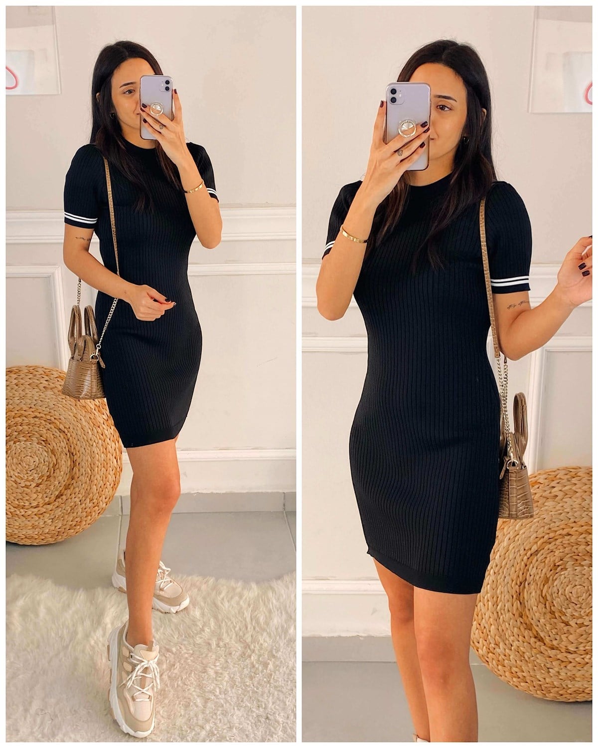 Siyah Kol Çizgi Detay Mini Elbise