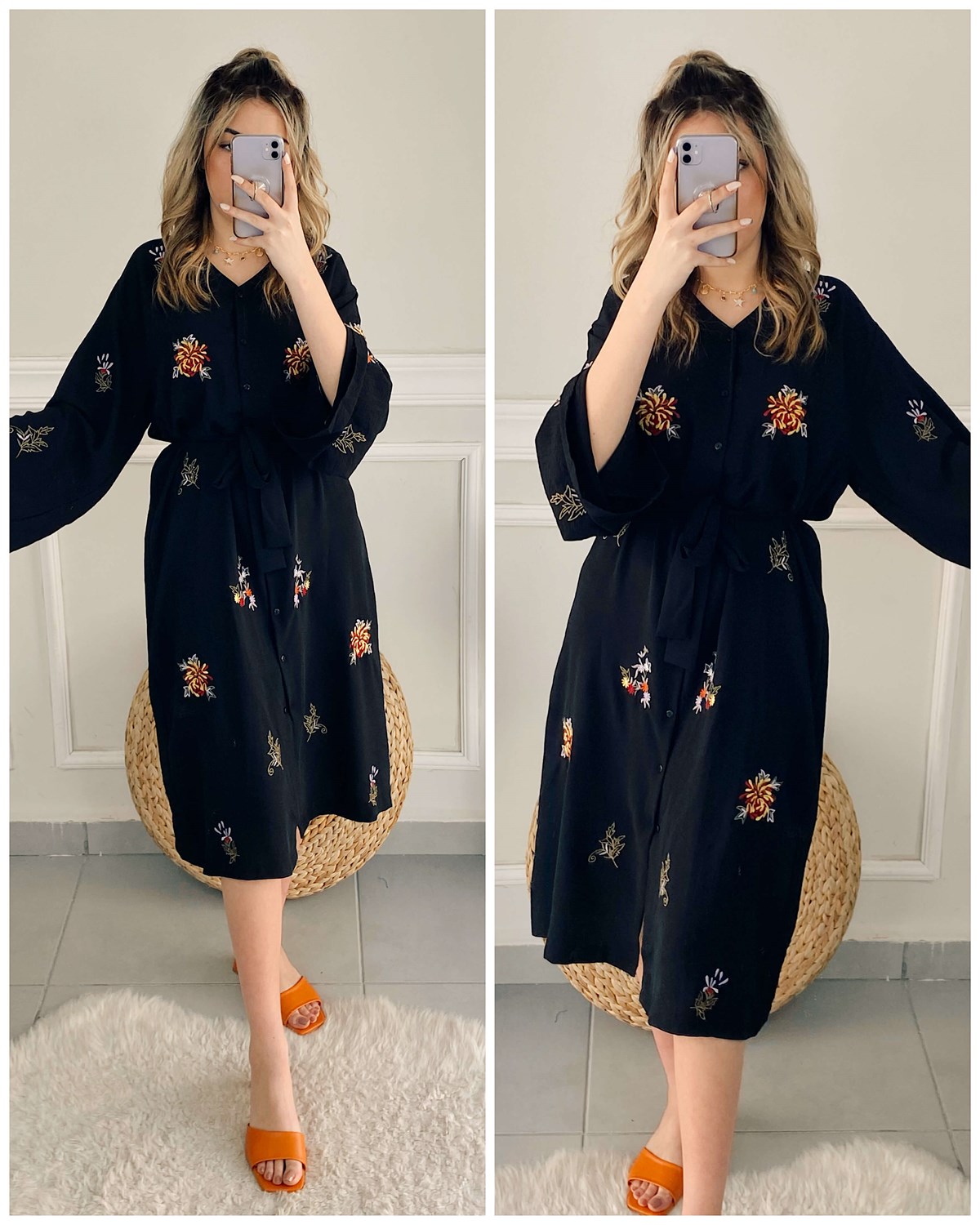 Siyah Nakış Çiçek Motifli Kimono Ceket