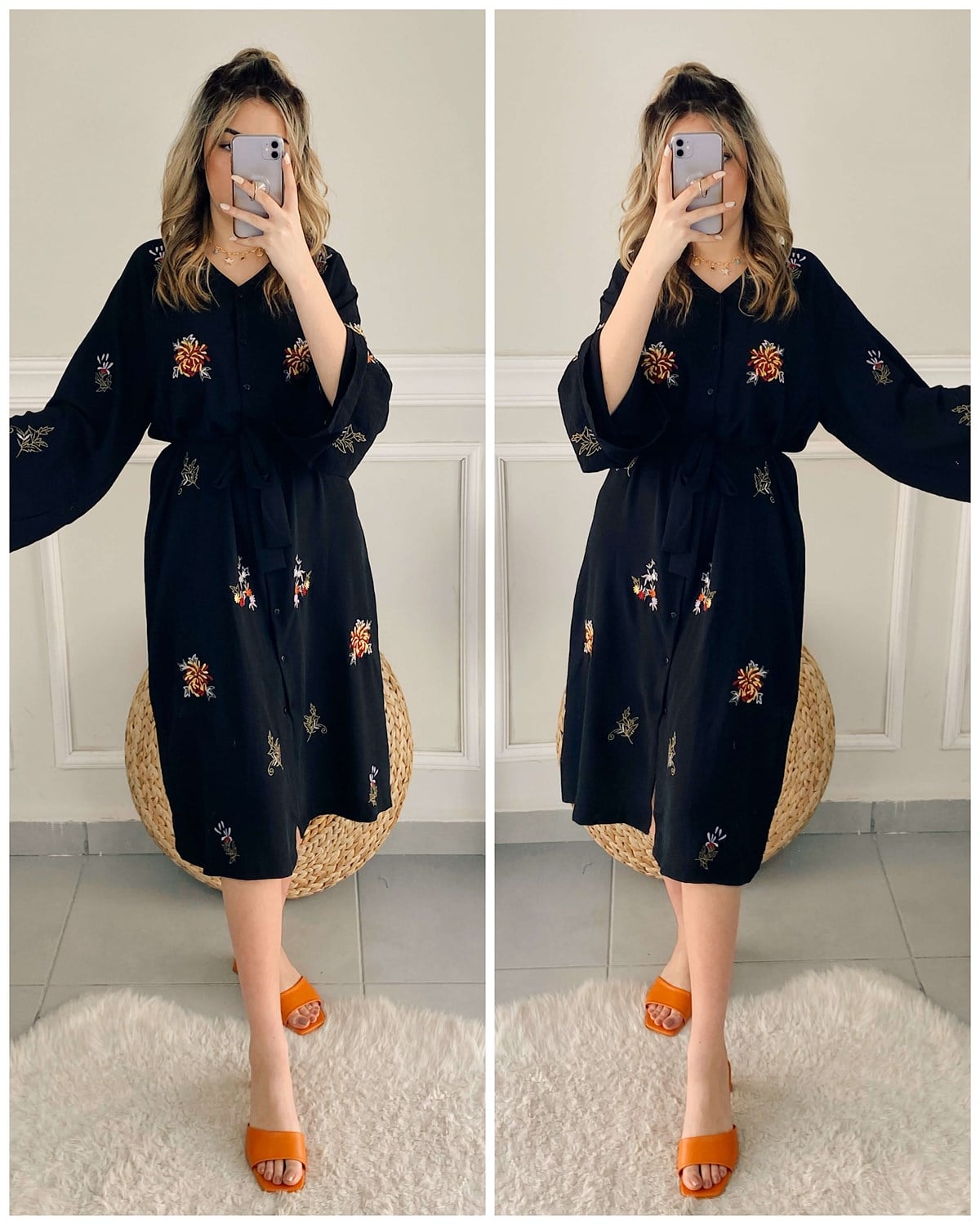 Siyah Nakış Çiçek Motifli Kimono Ceket