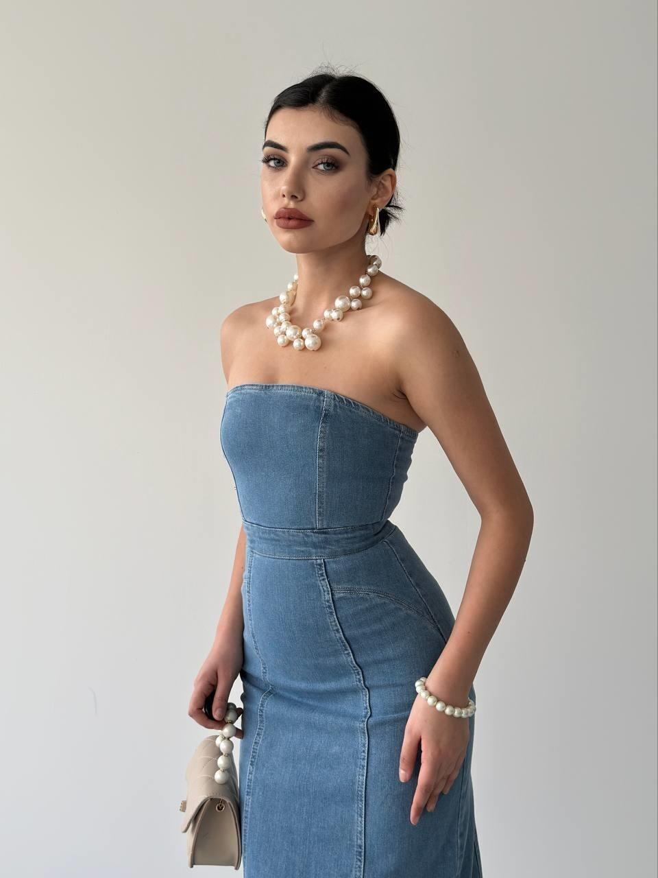 Straplez Balık Form Arkadan Yırtmaçlı Kadın Denim Elbise -Açık Mavi