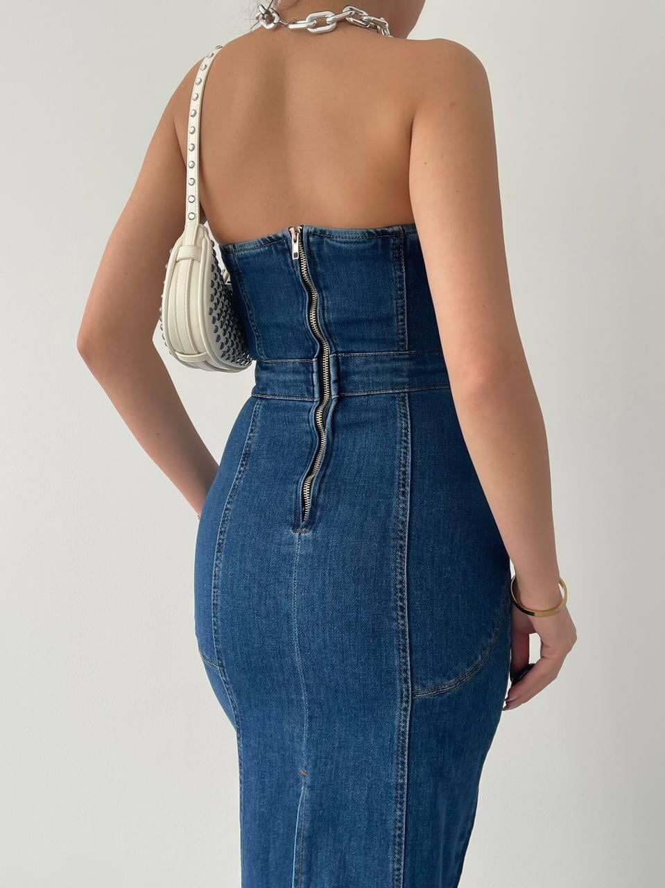 Straplez Balık Form Arkadan Yırtmaçlı Kadın Denim Elbise -Koyu Mavi