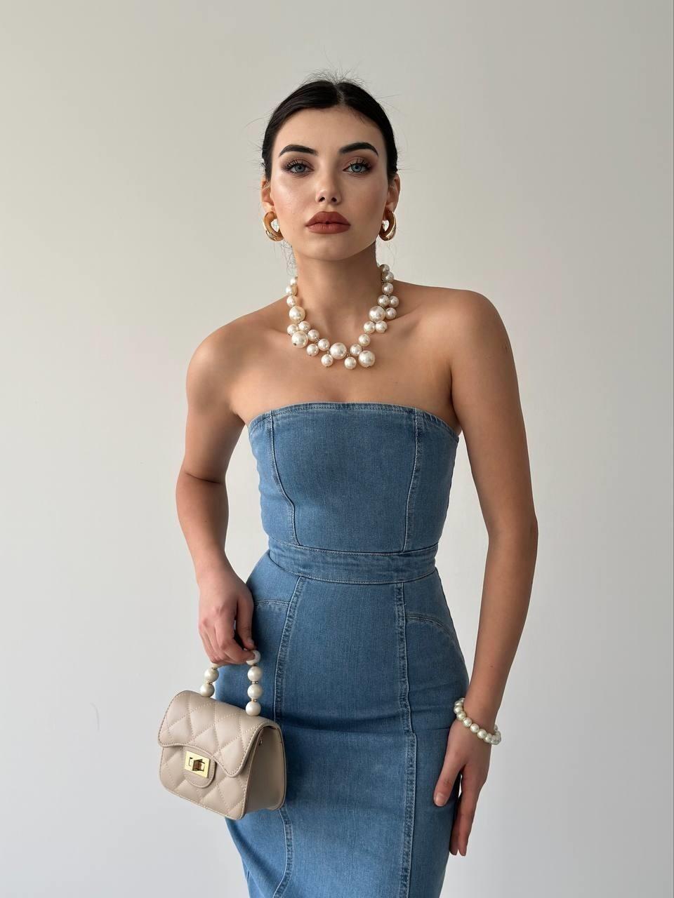 Straplez Balık Form Arkadan Yırtmaçlı Kadın Denim Elbise -Açık Mavi