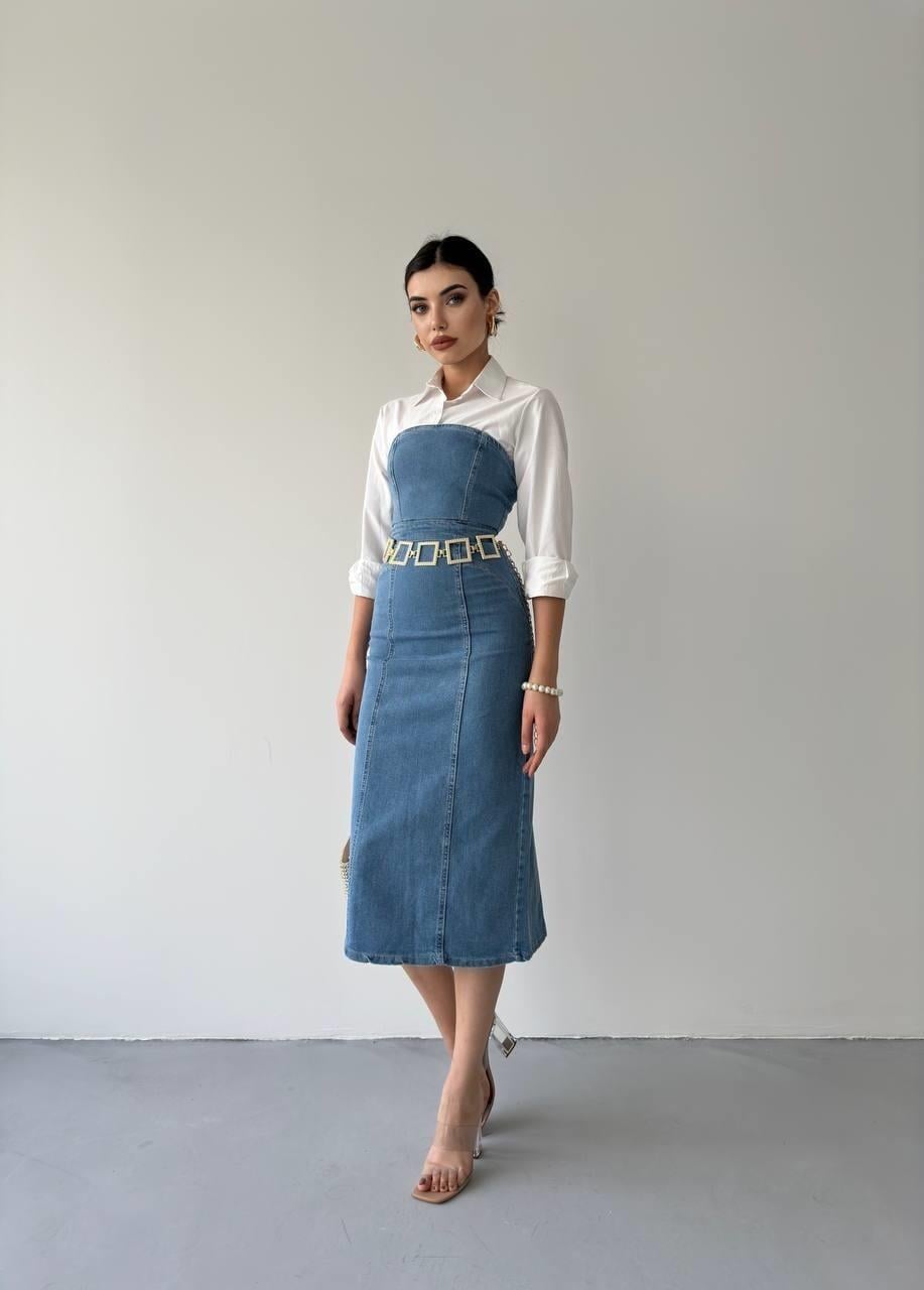 Straplez Balık Form Arkadan Yırtmaçlı Kadın Denim Elbise -Açık Mavi