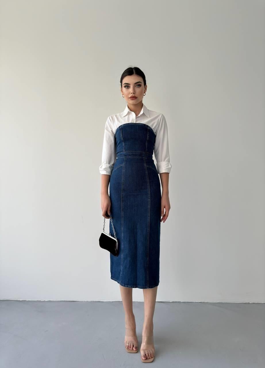 Straplez Balık Form Arkadan Yırtmaçlı Kadın Denim Elbise -Koyu Mavi