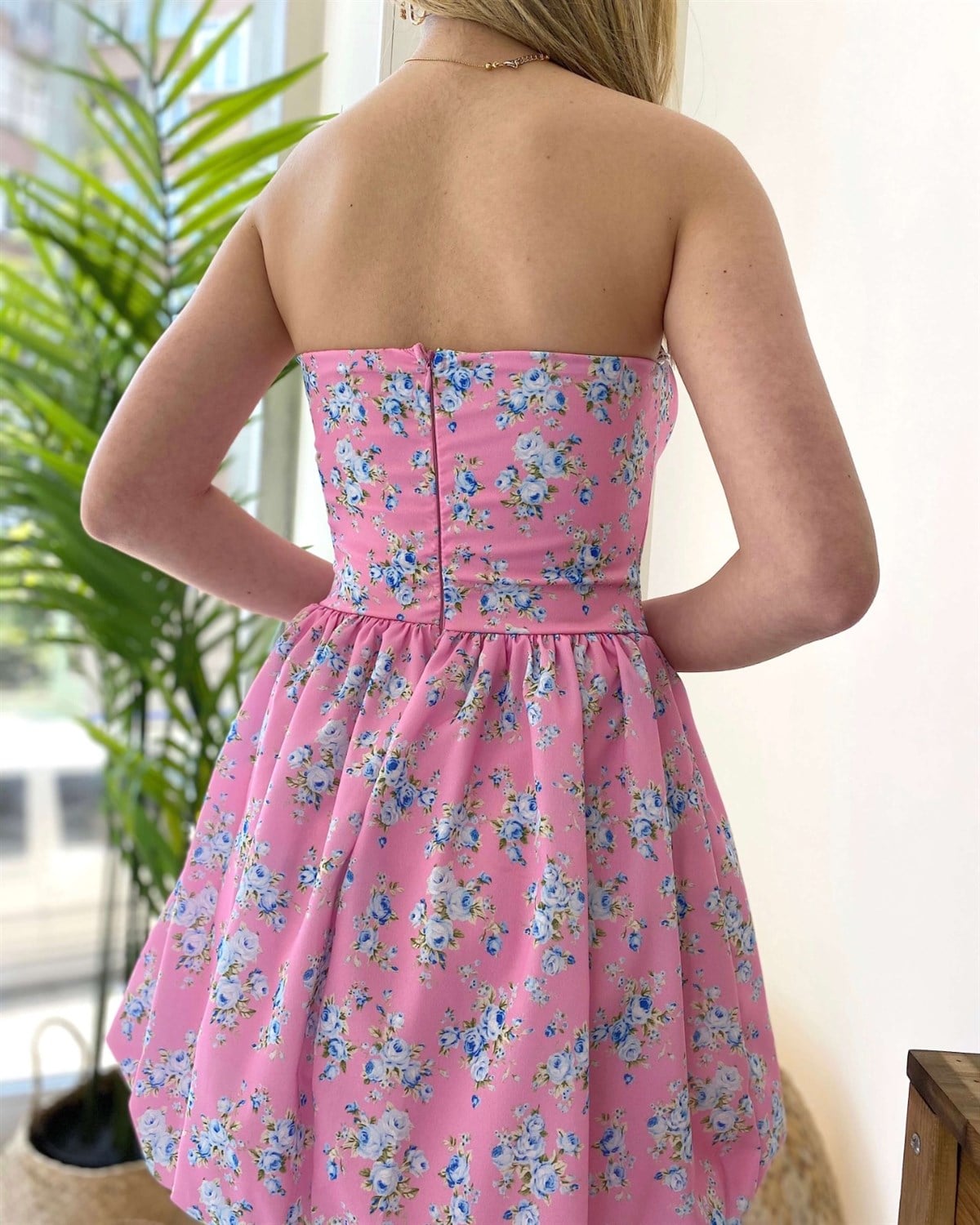 Straplez Balon Etek Çiçekli Elbise