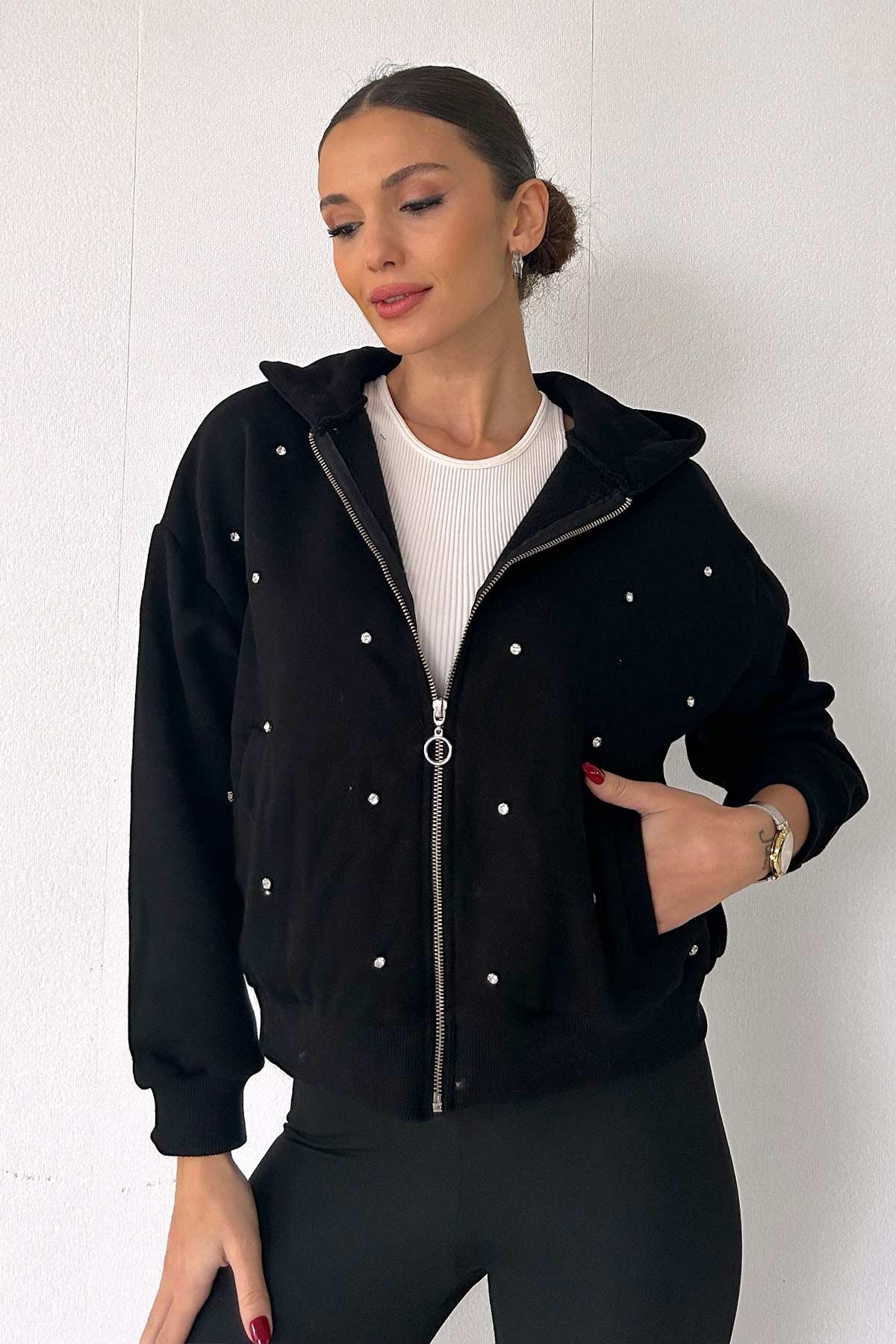 Taş İşleme Detaylı Kadın Fermuarlı Sweatshirt  - Siyah