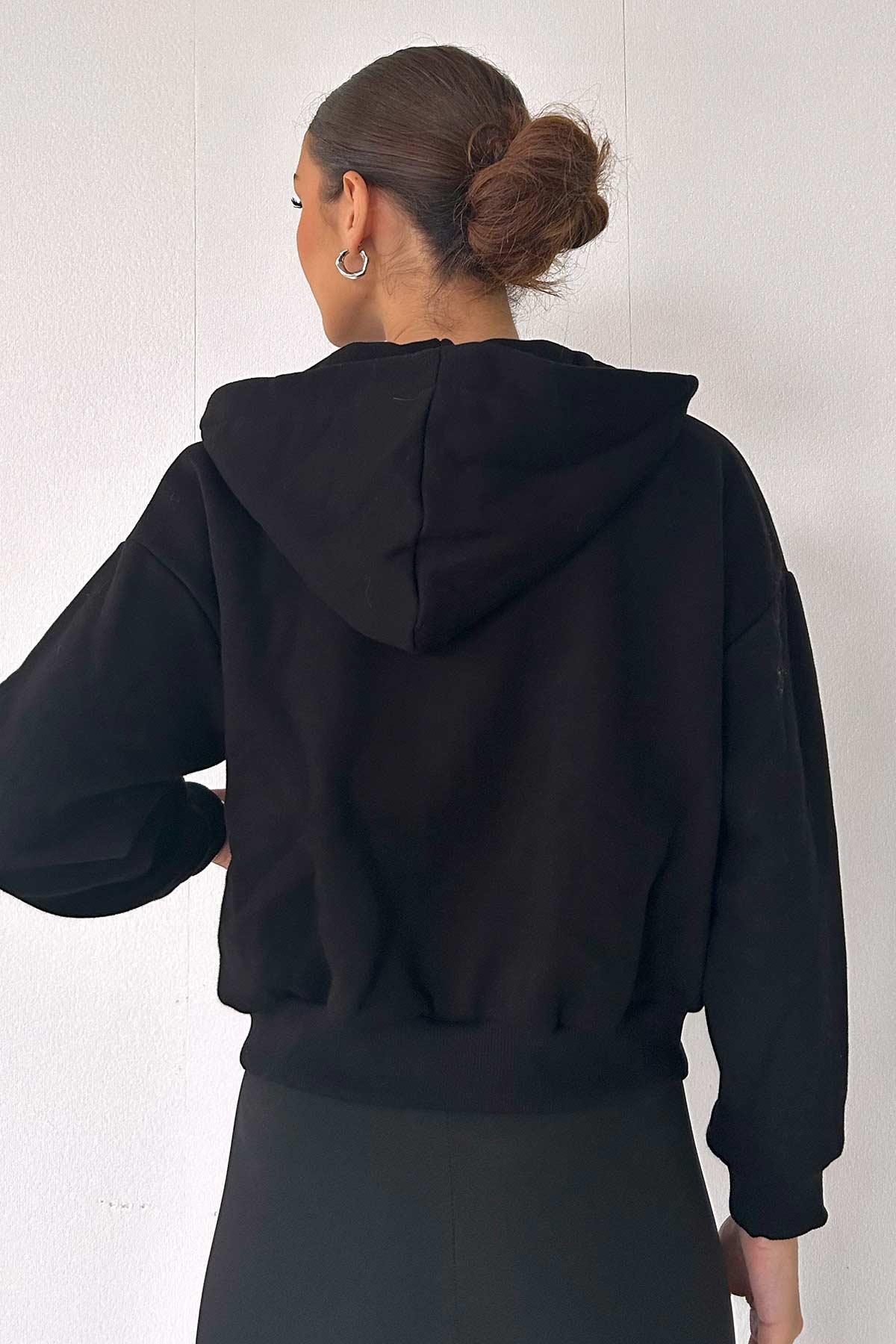 Taş İşleme Detaylı Kadın Fermuarlı Sweatshirt  - Siyah