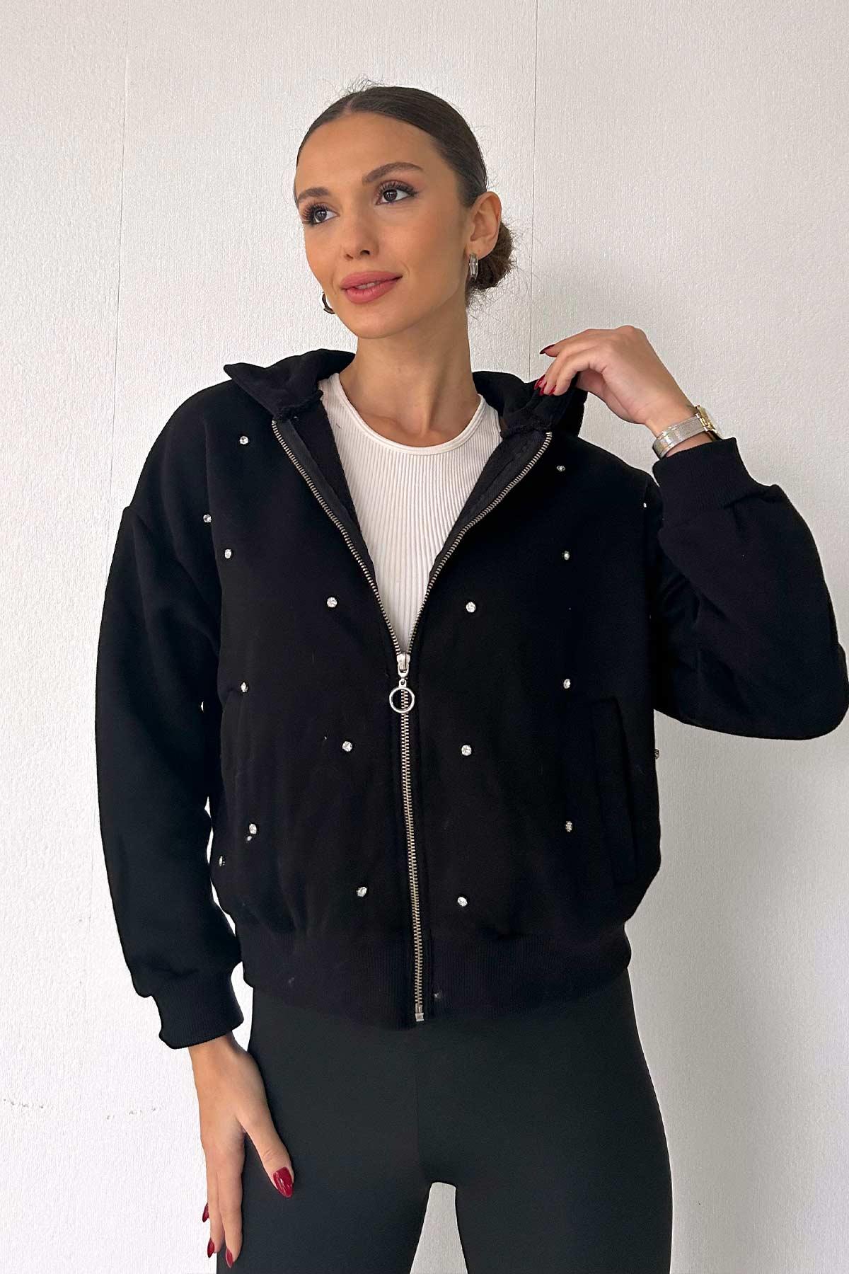Taş İşleme Detaylı Kadın Fermuarlı Sweatshirt  - Siyah