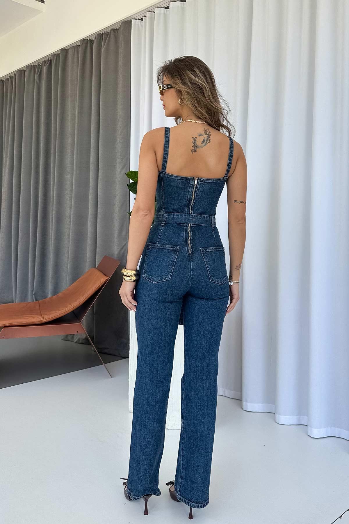 Tasarım Kalp Yaka Kemerli Denim Tulum - Lacivert