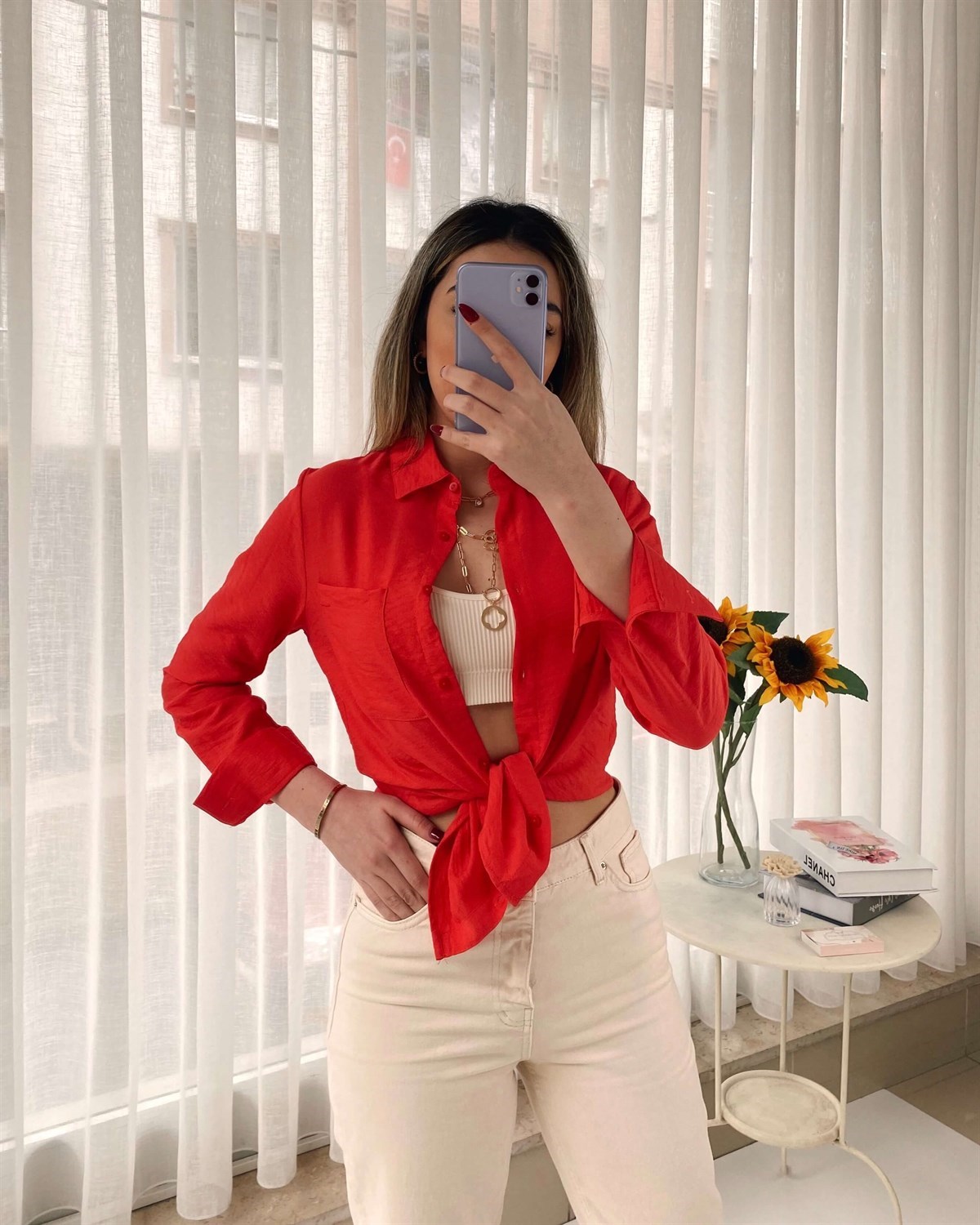 Tek Cep Renkli Gömlek - Nar Çiçeği