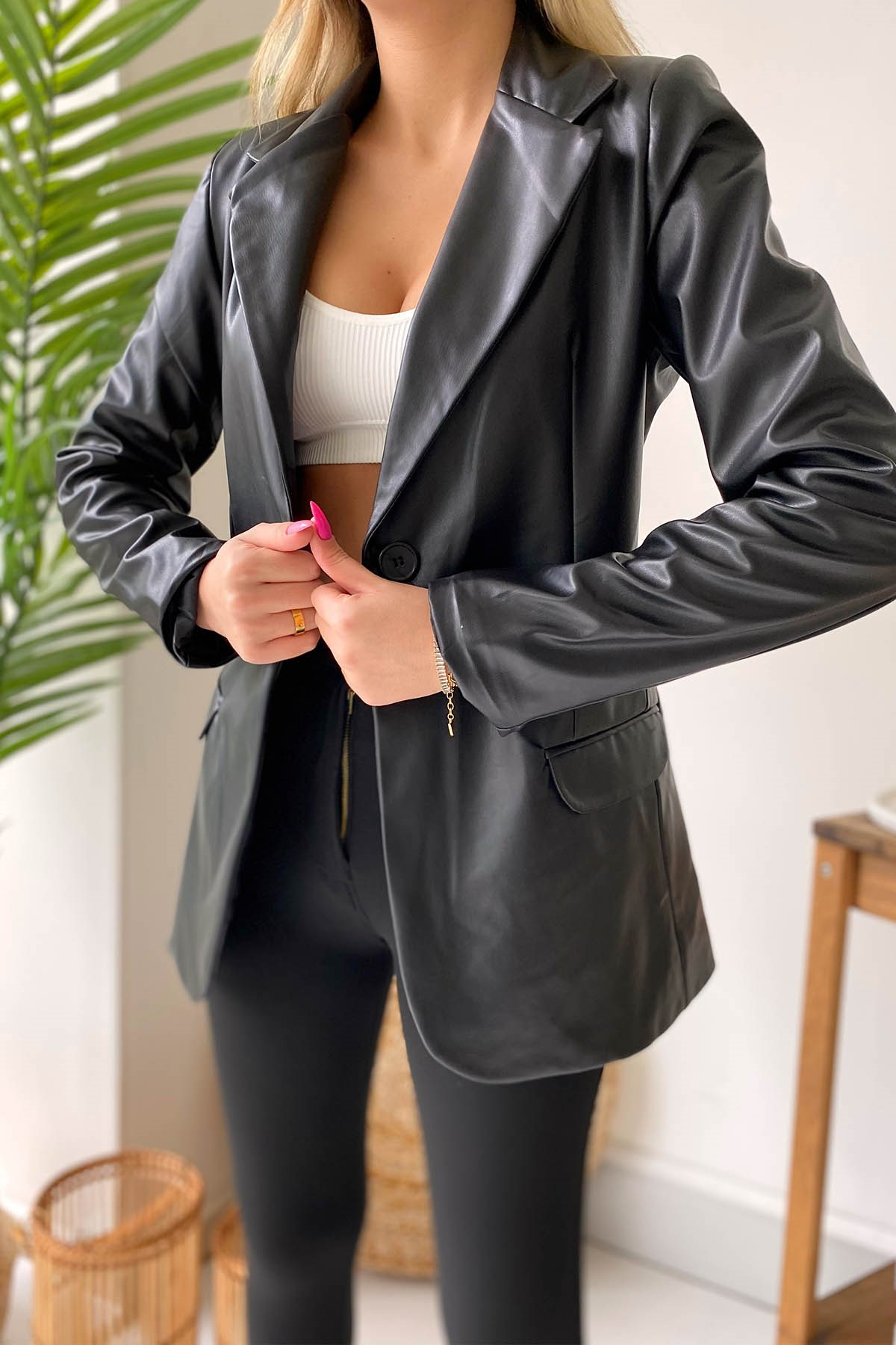 Tek Düğme Deri Blazer Ceket - Siyah