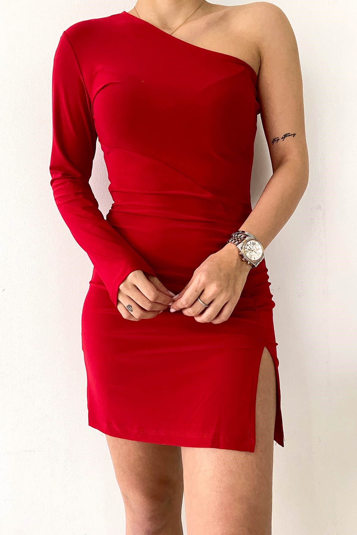 Tek Kol Mini Elbise - Kırmızı