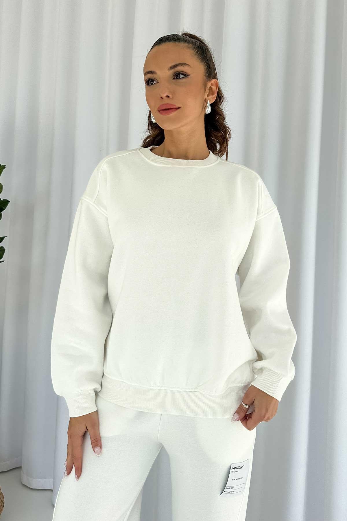 Üç İplik Şardonlu Düz Kadın Sweatshirt - Beyaz