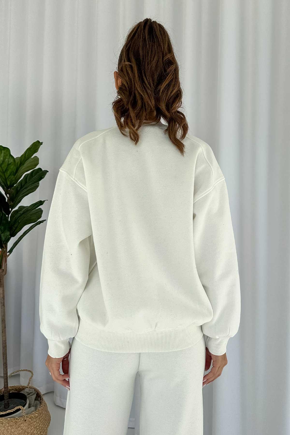Üç İplik Şardonlu Düz Kadın Sweatshirt - Beyaz