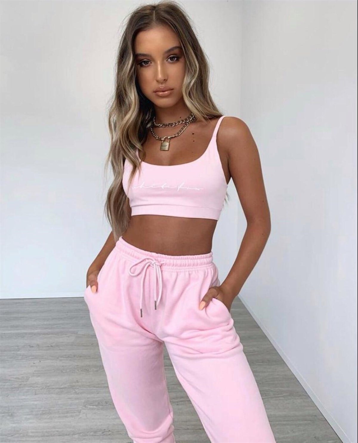 Üst Crop Askı Eşofman Takım- Pembe