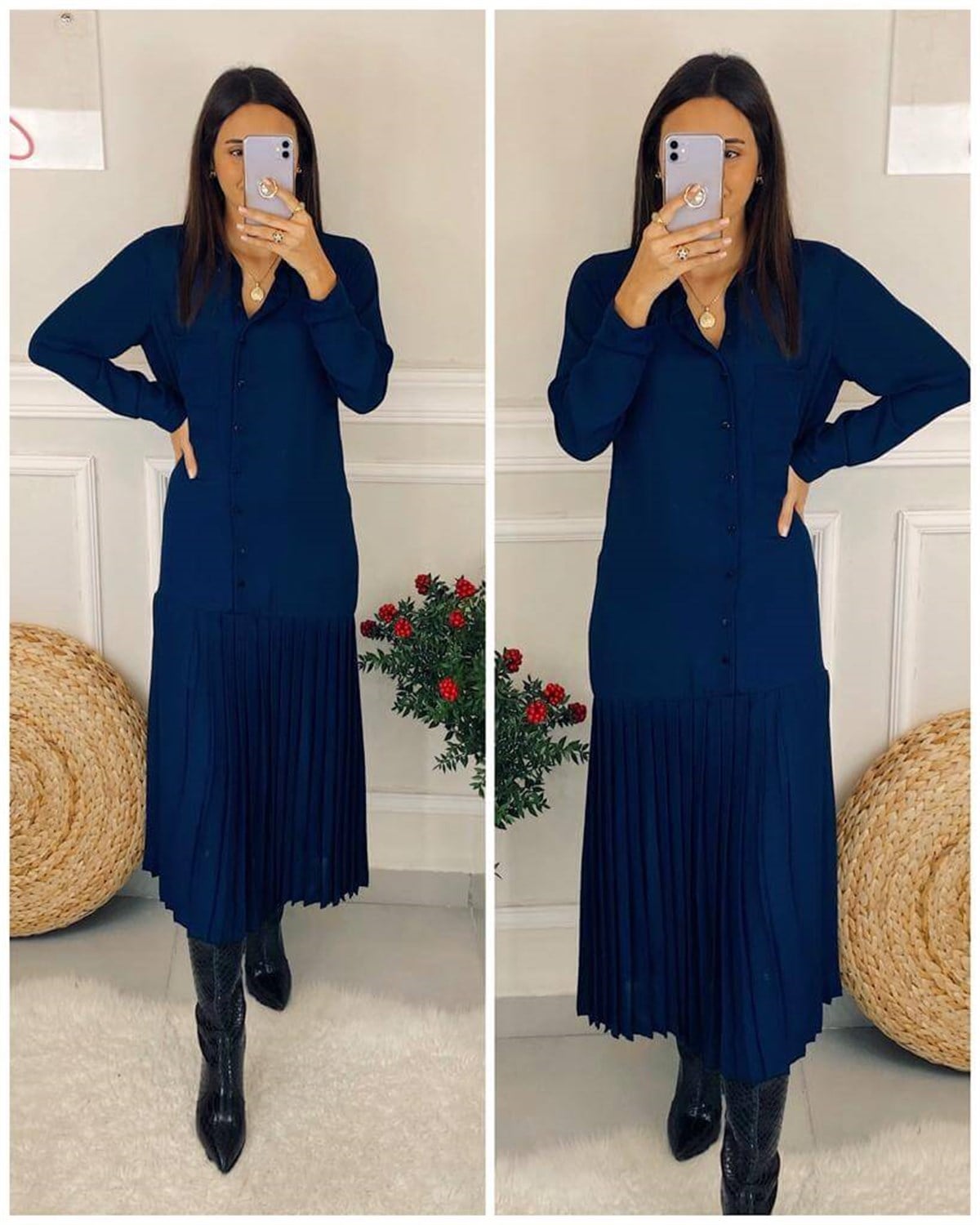 Uzun Kollu Pileli Elbise