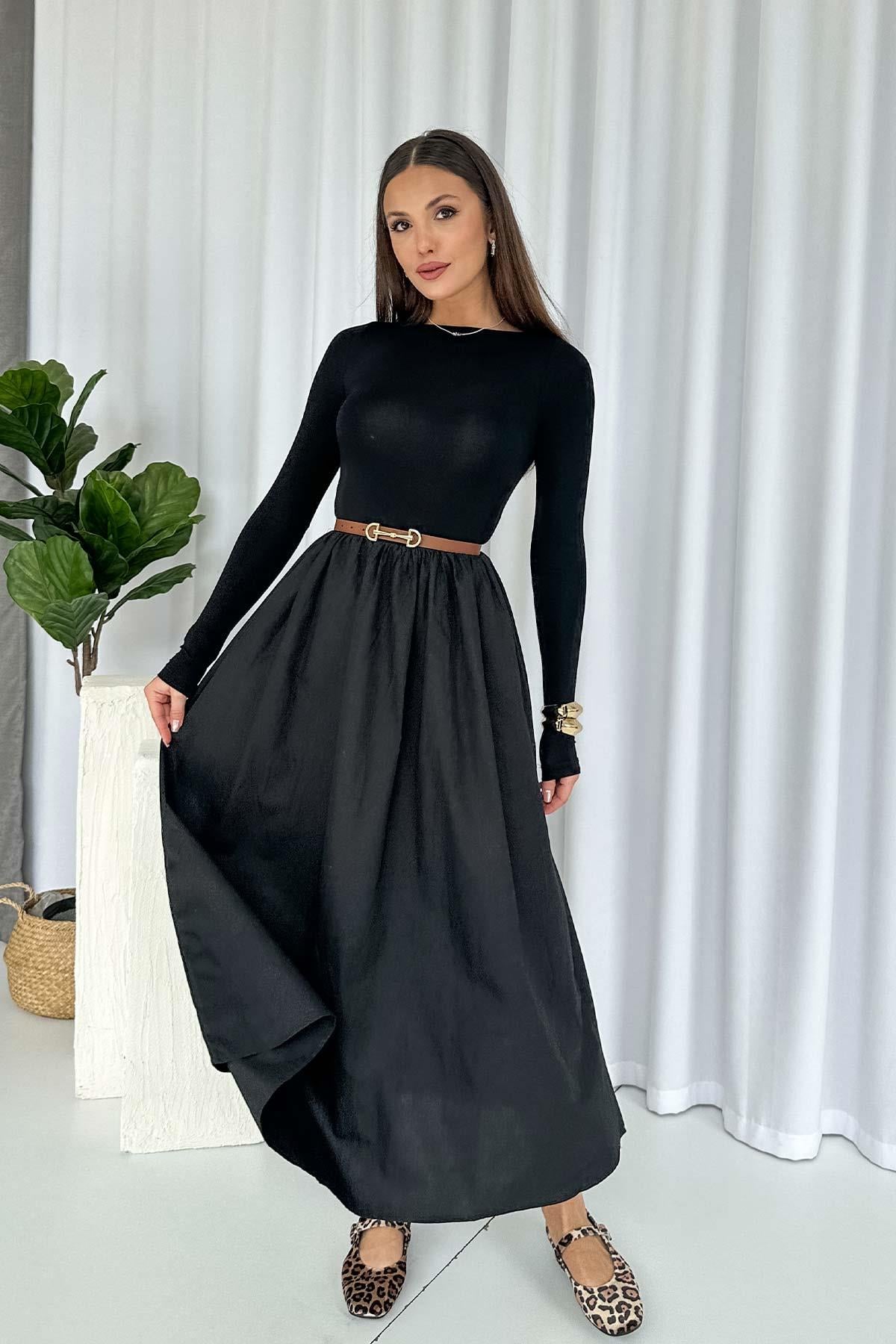 Uzun Kollu Poplin Detay Bisiklet Yaka Elbise - Siyah