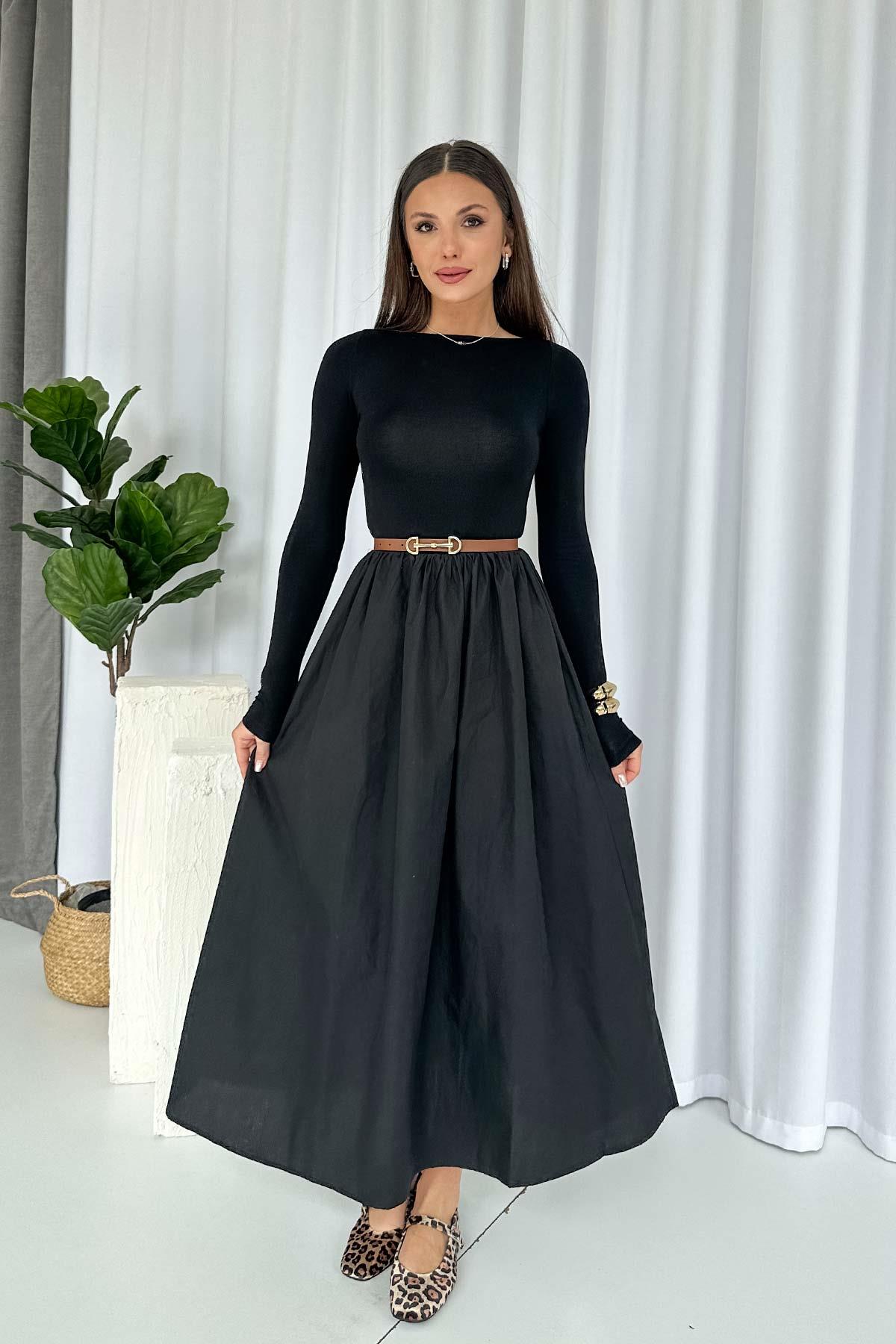 Uzun Kollu Poplin Detay Bisiklet Yaka Elbise - Siyah