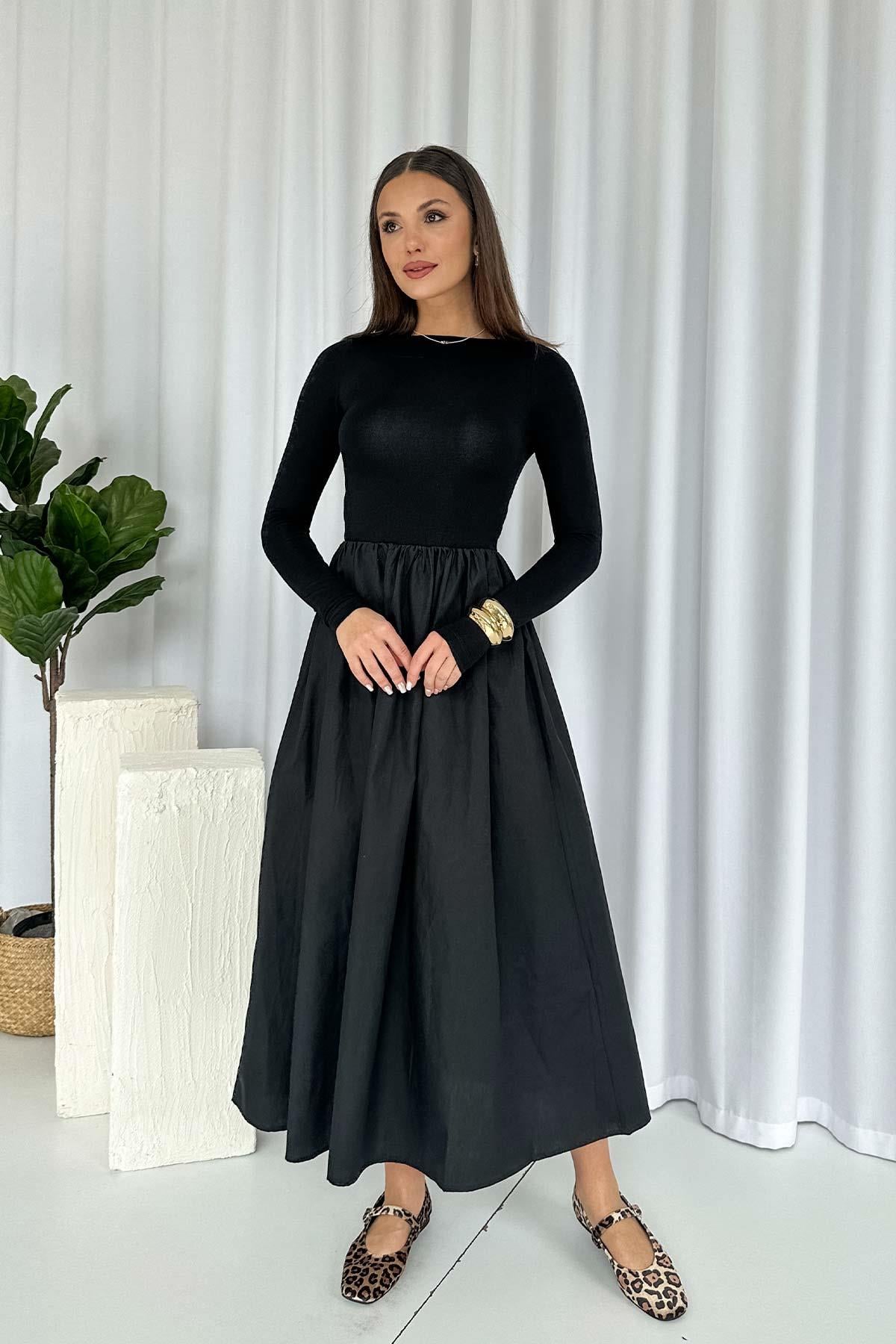 Uzun Kollu Poplin Detay Bisiklet Yaka Elbise - Siyah