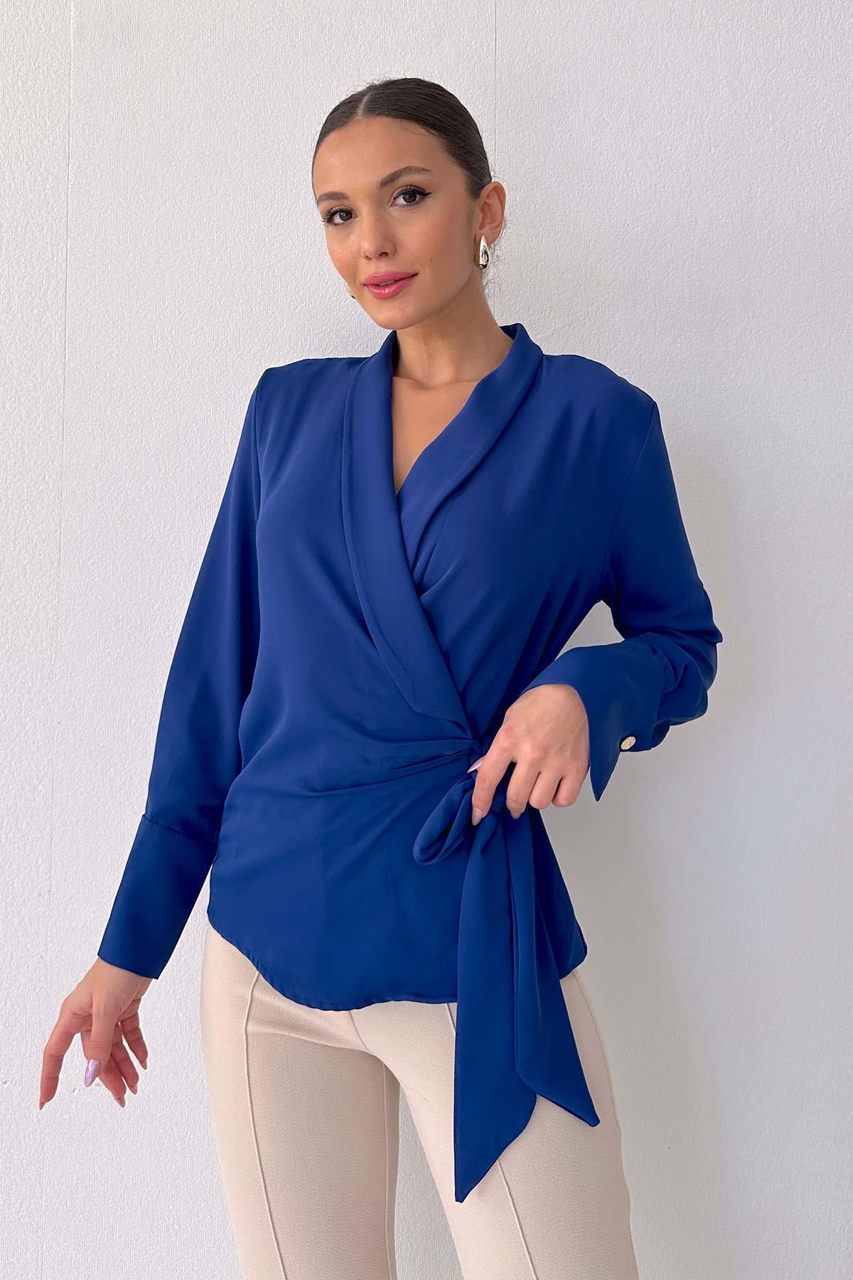 Vatka Detaylı Şık Kadın Bluz  - Saks Mavi