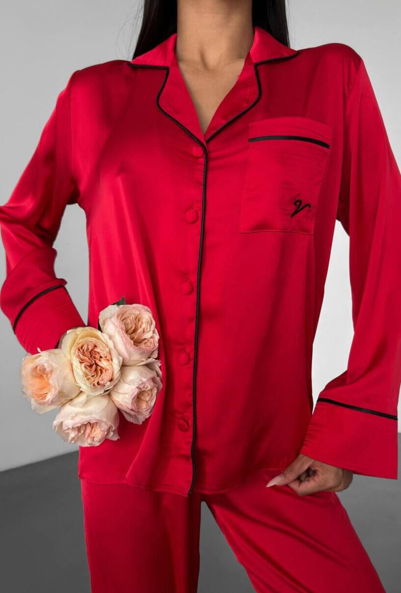 VS Kadın Gömlek Detaylı Pijama Takımı - Kırmızı