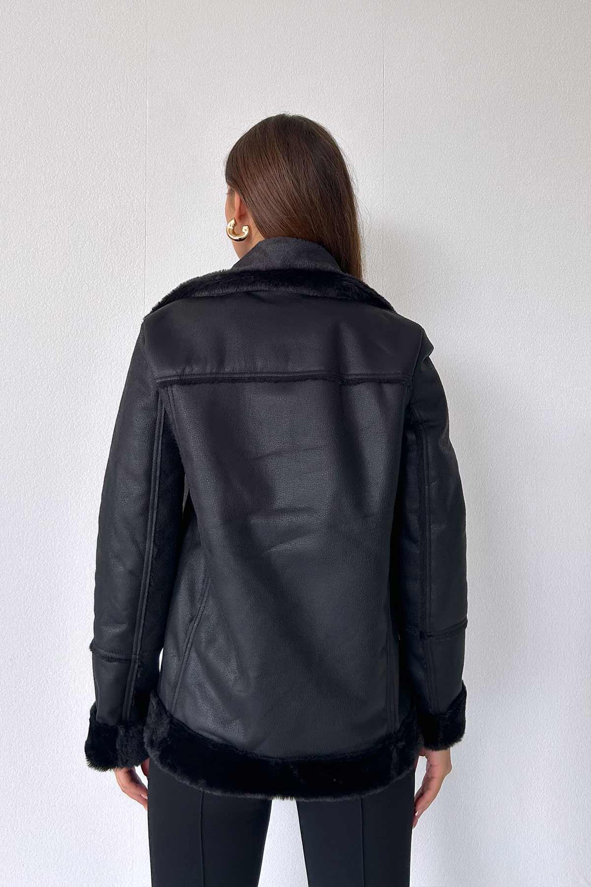 Yaka Kemer Detay Lamine Deri Kadın Biker  Mont