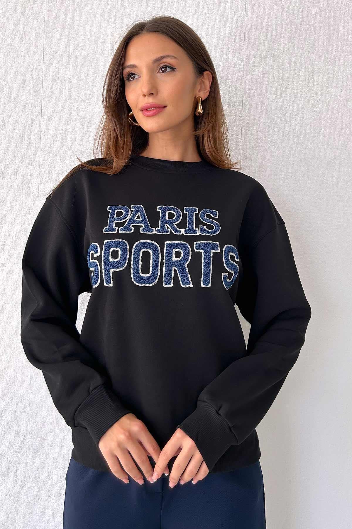 Yazılı Kabartmalı Kadın  Sweatshirt - Siyah