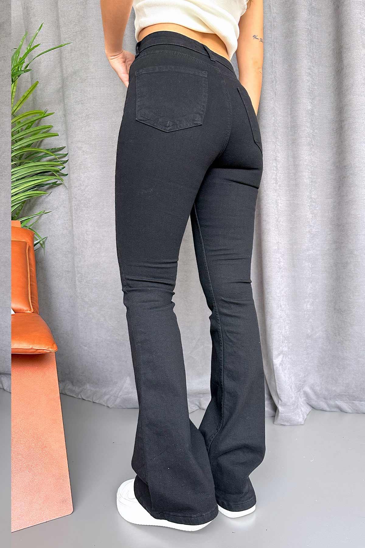 Yüksek Bel Düğme Detaylı Kadın İspanyol Paça  Kot  Pantolon - Siyah
