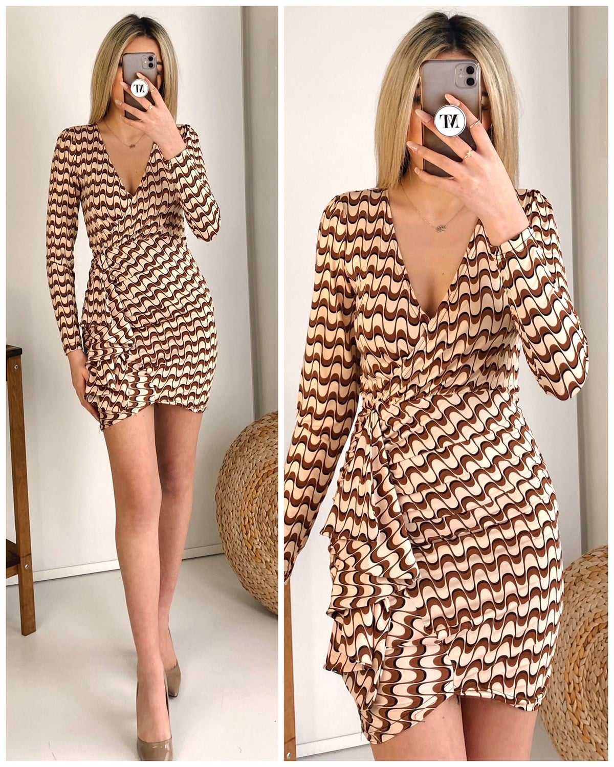 Zigzag Desen Soft Bej Elbise