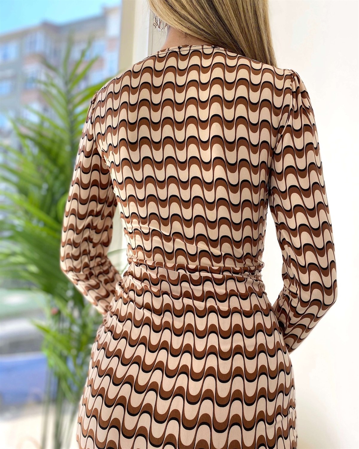 Zigzag Desen Soft Bej Elbise