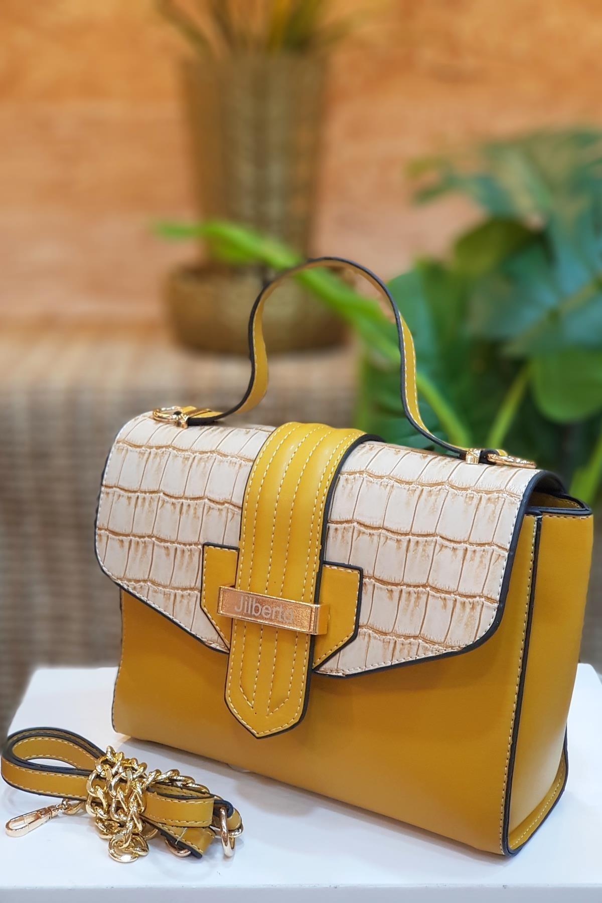 Alisa Kroko Desenli Hardal El ve Omuz Çantası