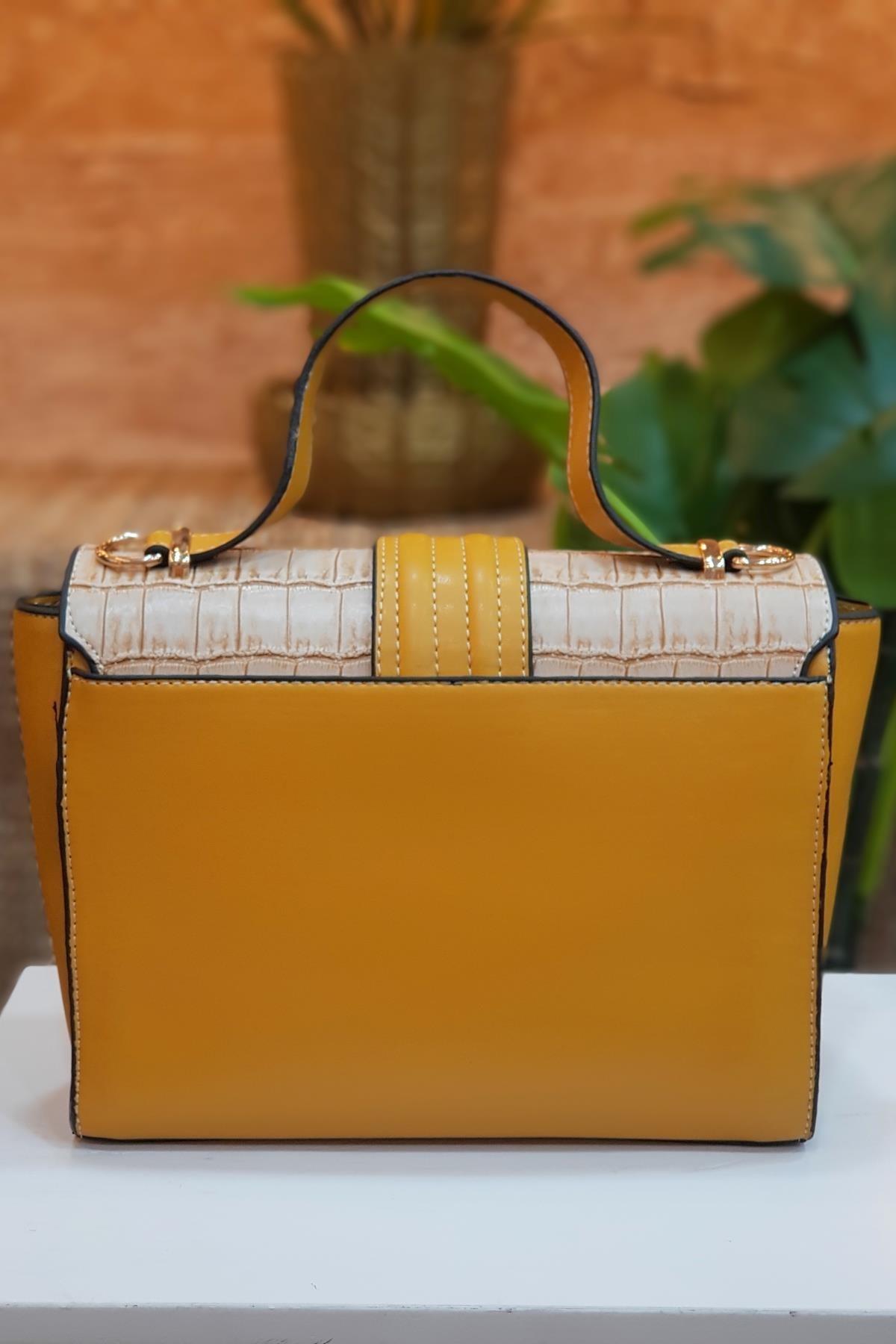 Alisa Kroko Desenli Hardal El ve Omuz Çantası