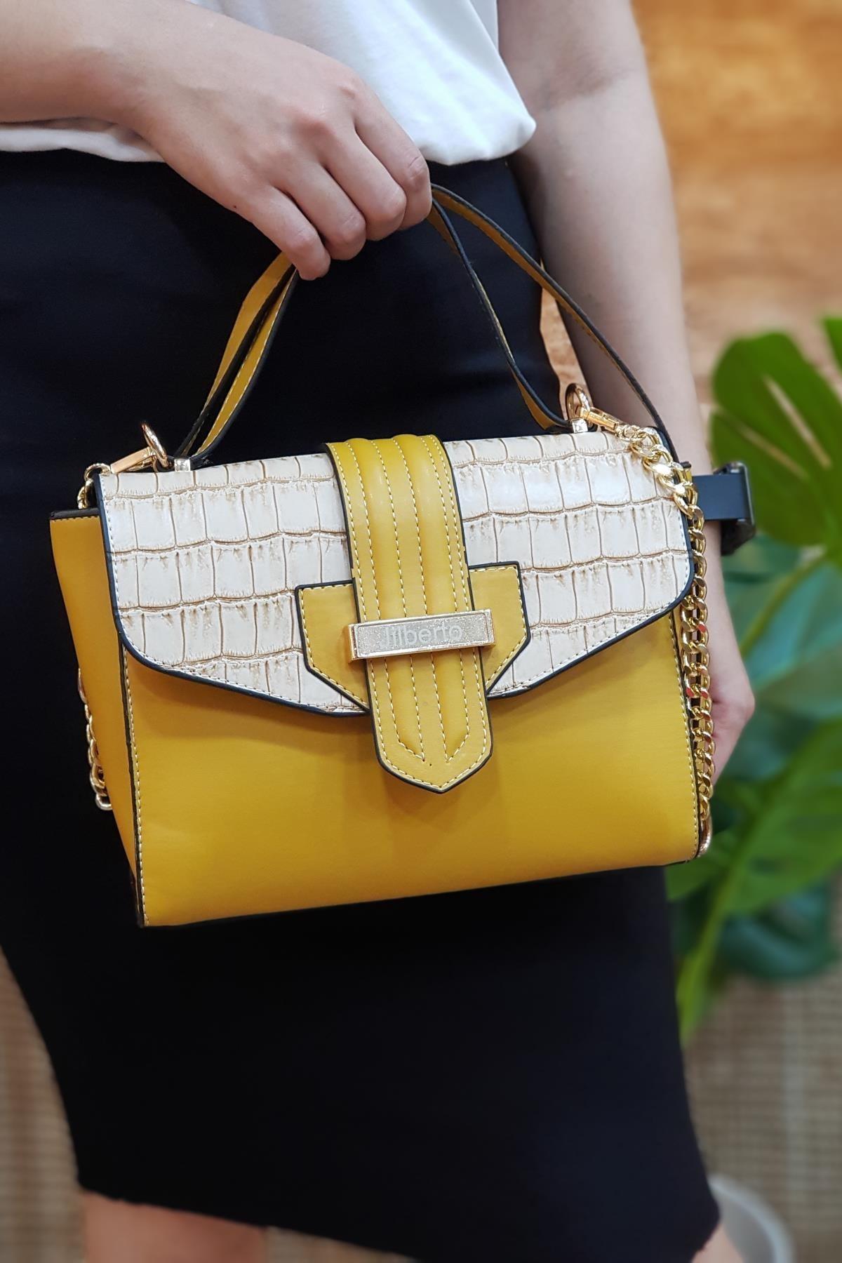 Alisa Kroko Desenli Hardal El ve Omuz Çantası