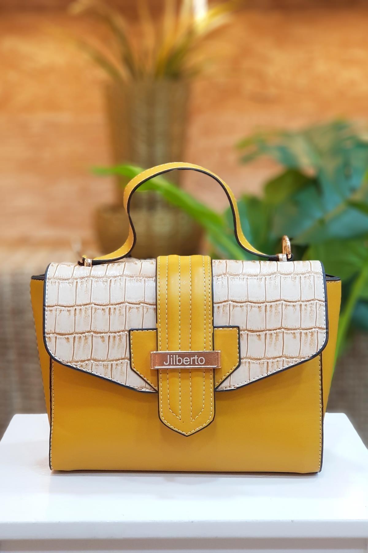 Alisa Kroko Desenli Hardal El ve Omuz Çantası