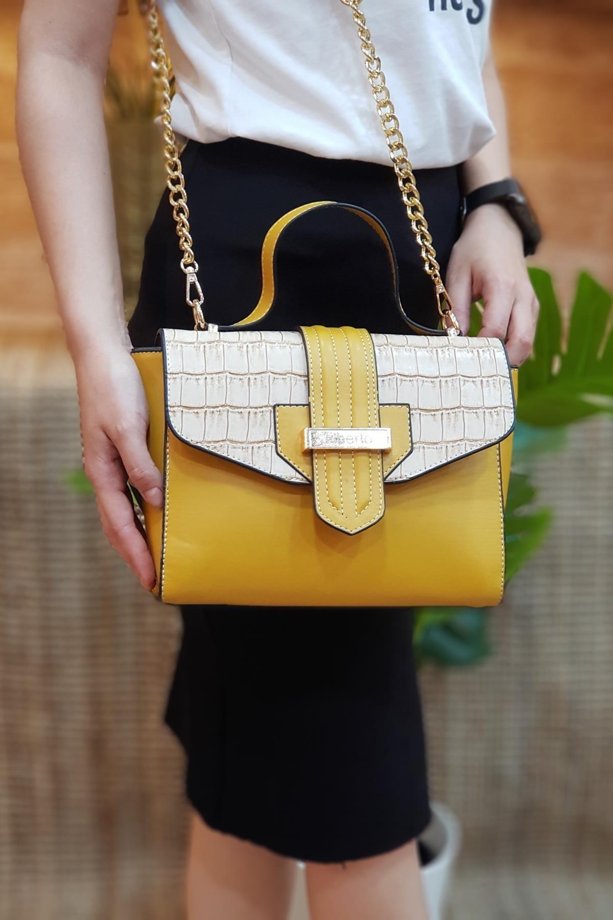 Alisa Kroko Desenli Hardal El ve Omuz Çantası