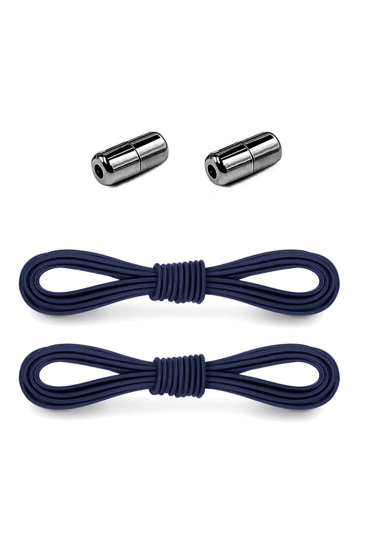 Ayarlanabilir 1 Çift Lacivert Vidalı Kapsül Uçlu Yuvarlak Lastik Pratik Bağcık BGCK-0008-L
