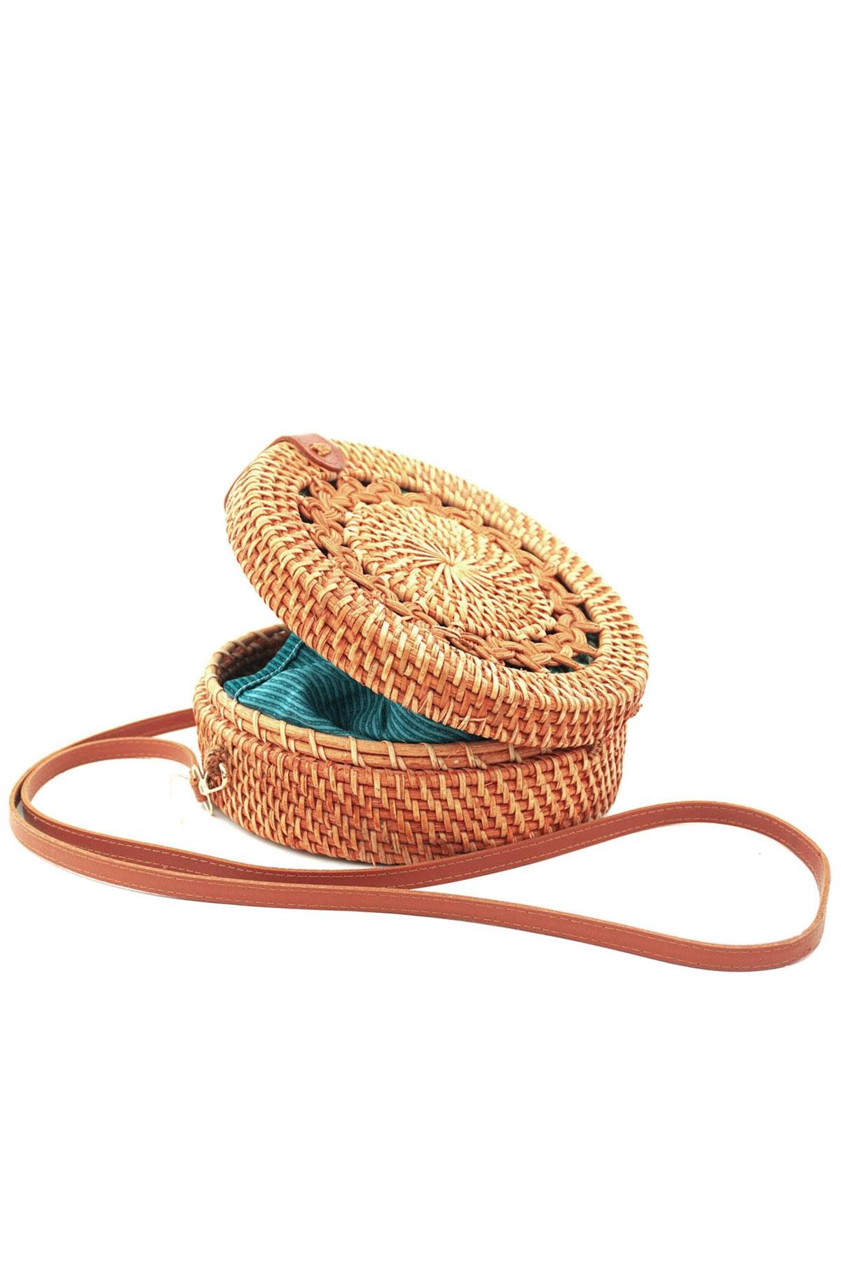 El Yapımı Hasır Rattan Desenli Yuvarlak Kutu Çanta KC105-HSDS