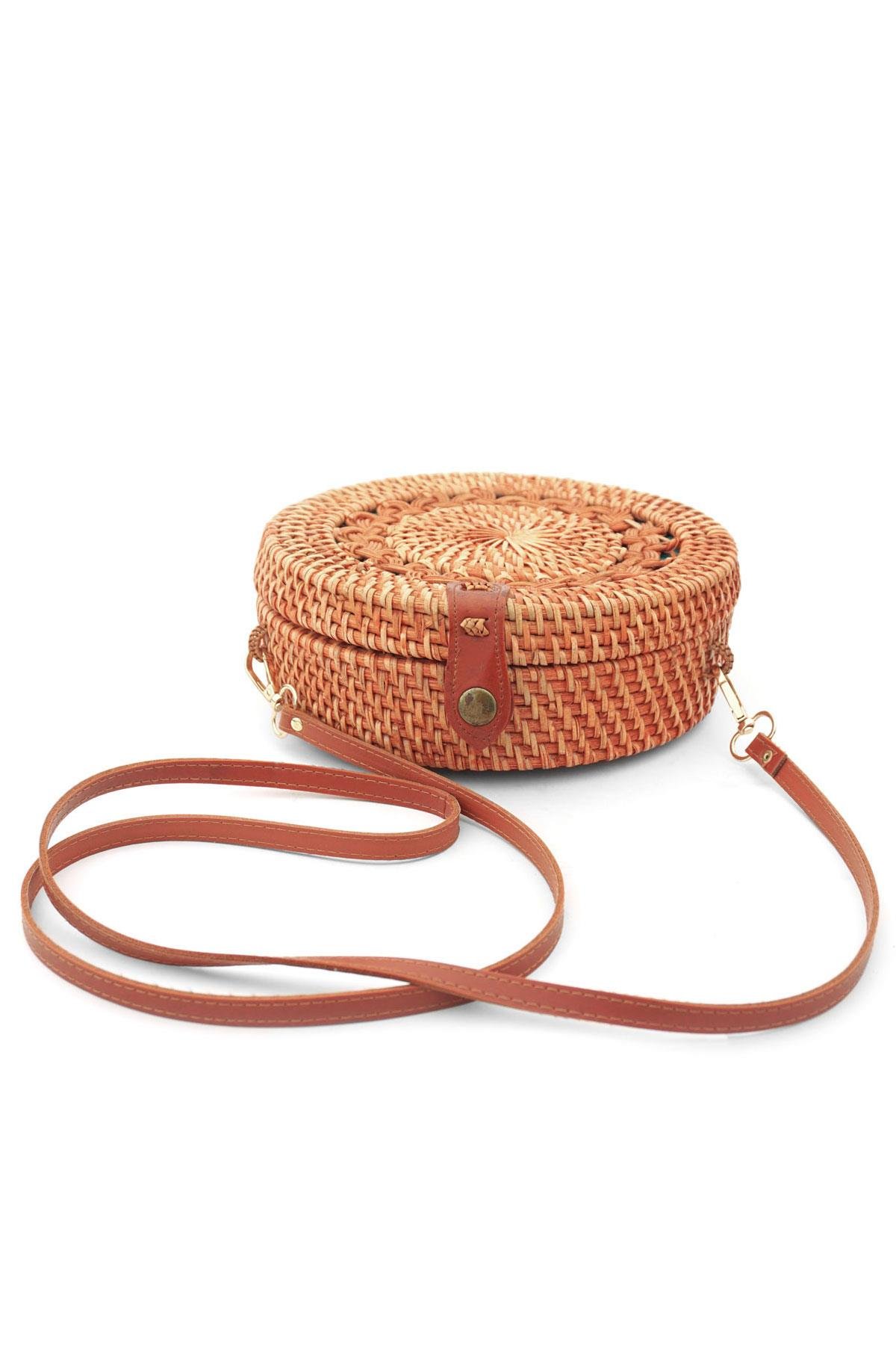 El Yapımı Hasır Rattan Desenli Yuvarlak Kutu Çanta KC105-HSDS