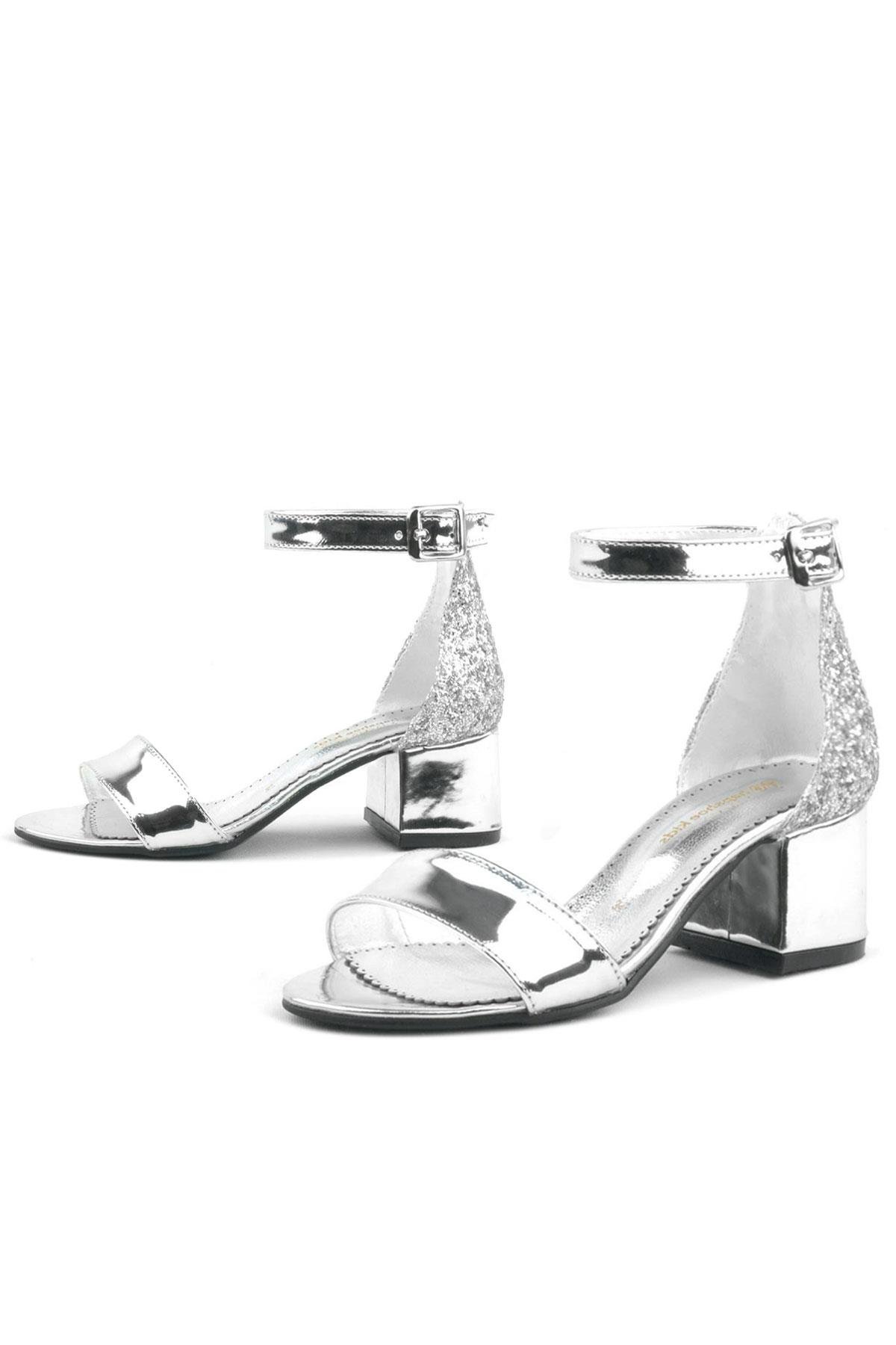 Elsa Gümüş Aynalı Simli Kalın Topuklu Kız Çocuk Abiye Ayakkabı B610-GA.26
