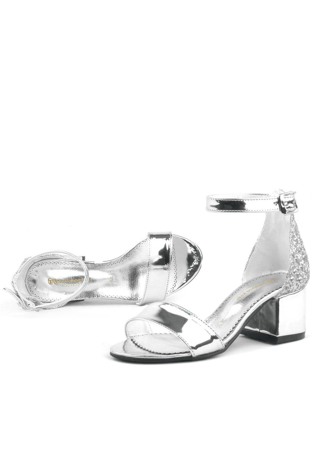 Elsa Gümüş Aynalı Simli Kalın Topuklu Kız Çocuk Abiye Ayakkabı B610-GA.26