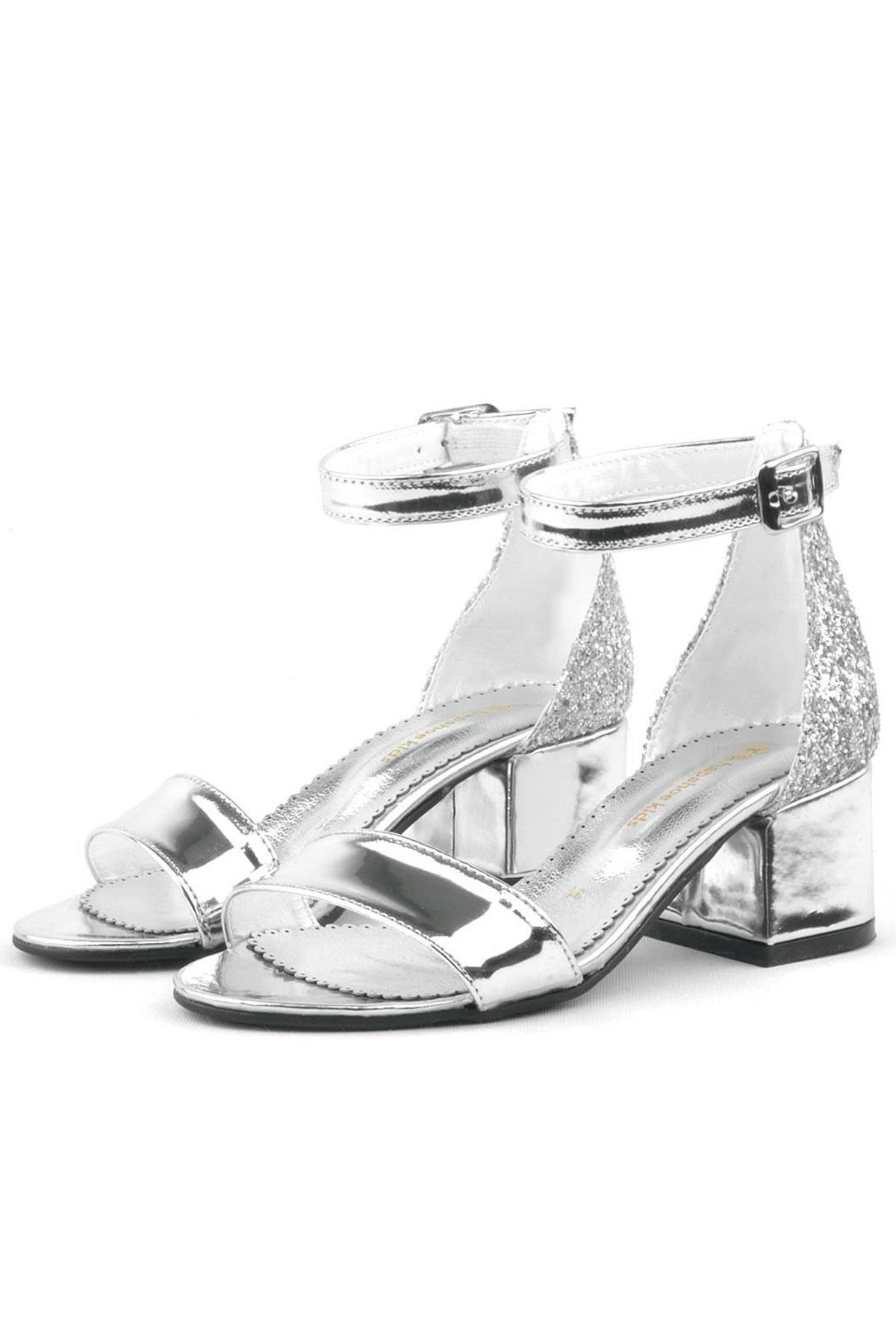 Elsa Gümüş Aynalı Simli Kalın Topuklu Kız Çocuk Abiye Ayakkabı B610-GA.26