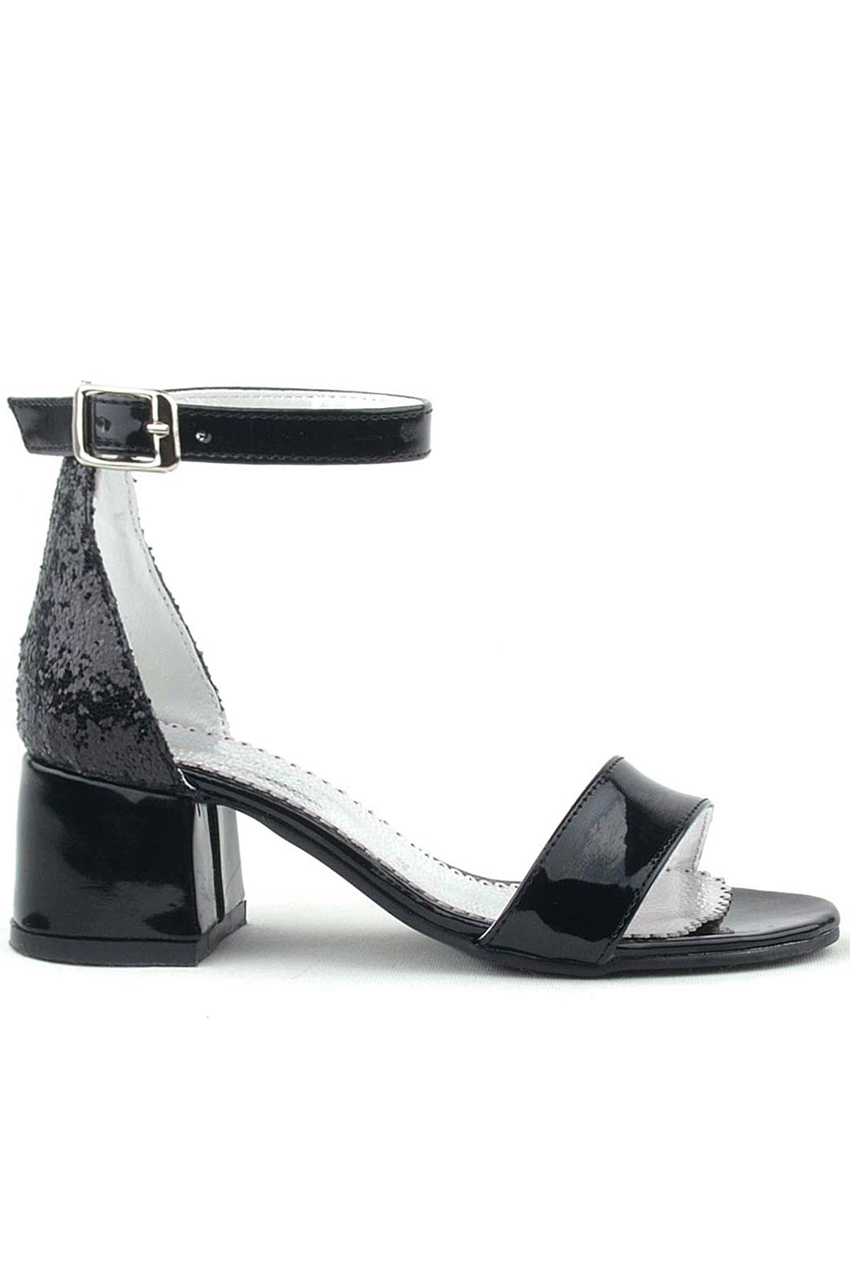 Elsa Siyah Rugan Simli Kalın Topuklu Kız Çocuk Abiye Ayakkabı B610-SIA.26