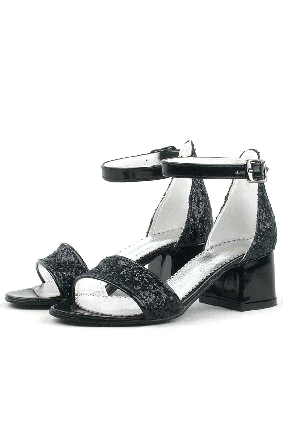 Elsa Siyah Simli Kalın Topuklu Kız Çocuk Abiye Ayakkabı B610-SI.26