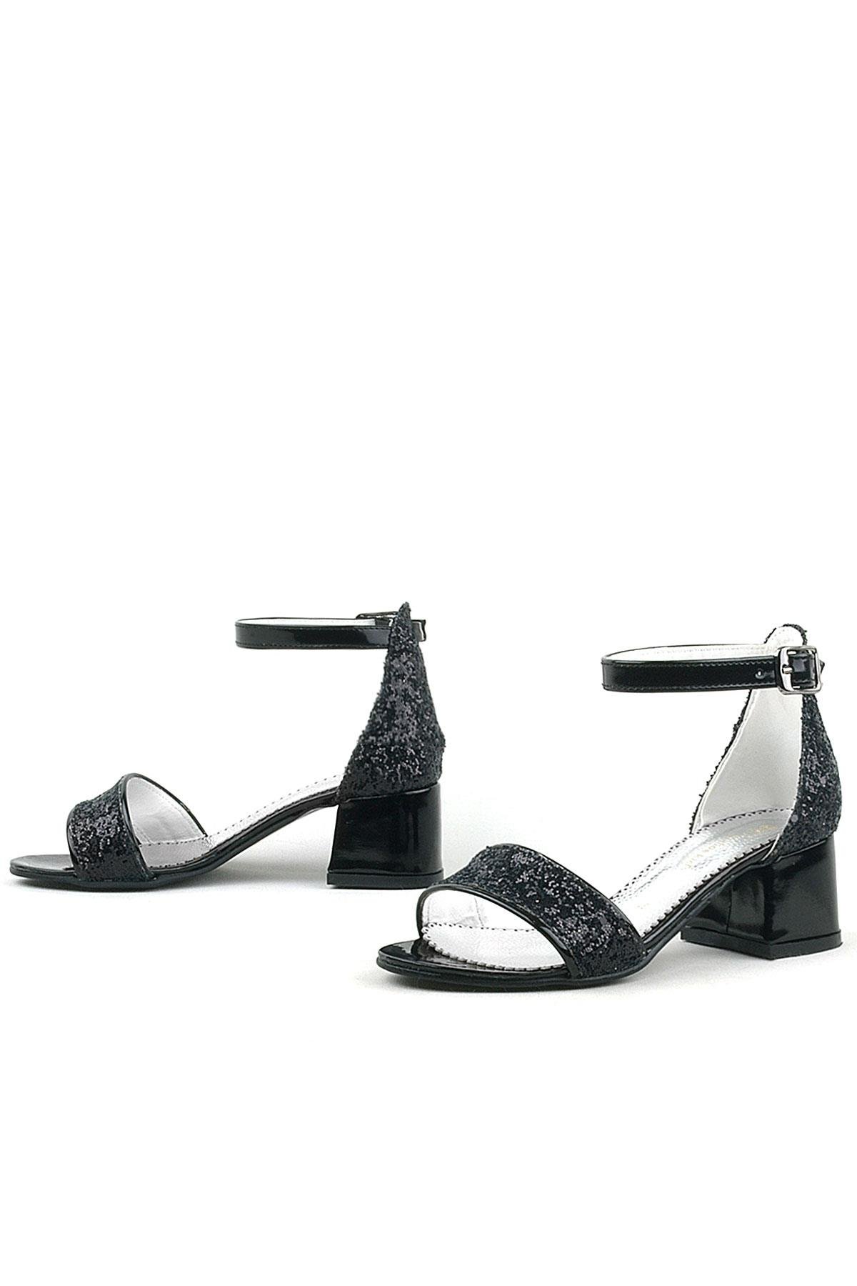 Elsa Siyah Simli Kalın Topuklu Kız Çocuk Abiye Ayakkabı B610-SI.26