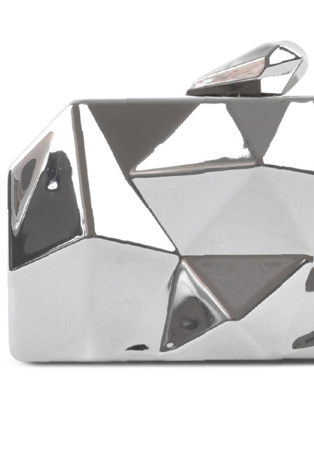 Geometrik Desenli Gümüş Metal Clutch Abiye Çanta KC980-G