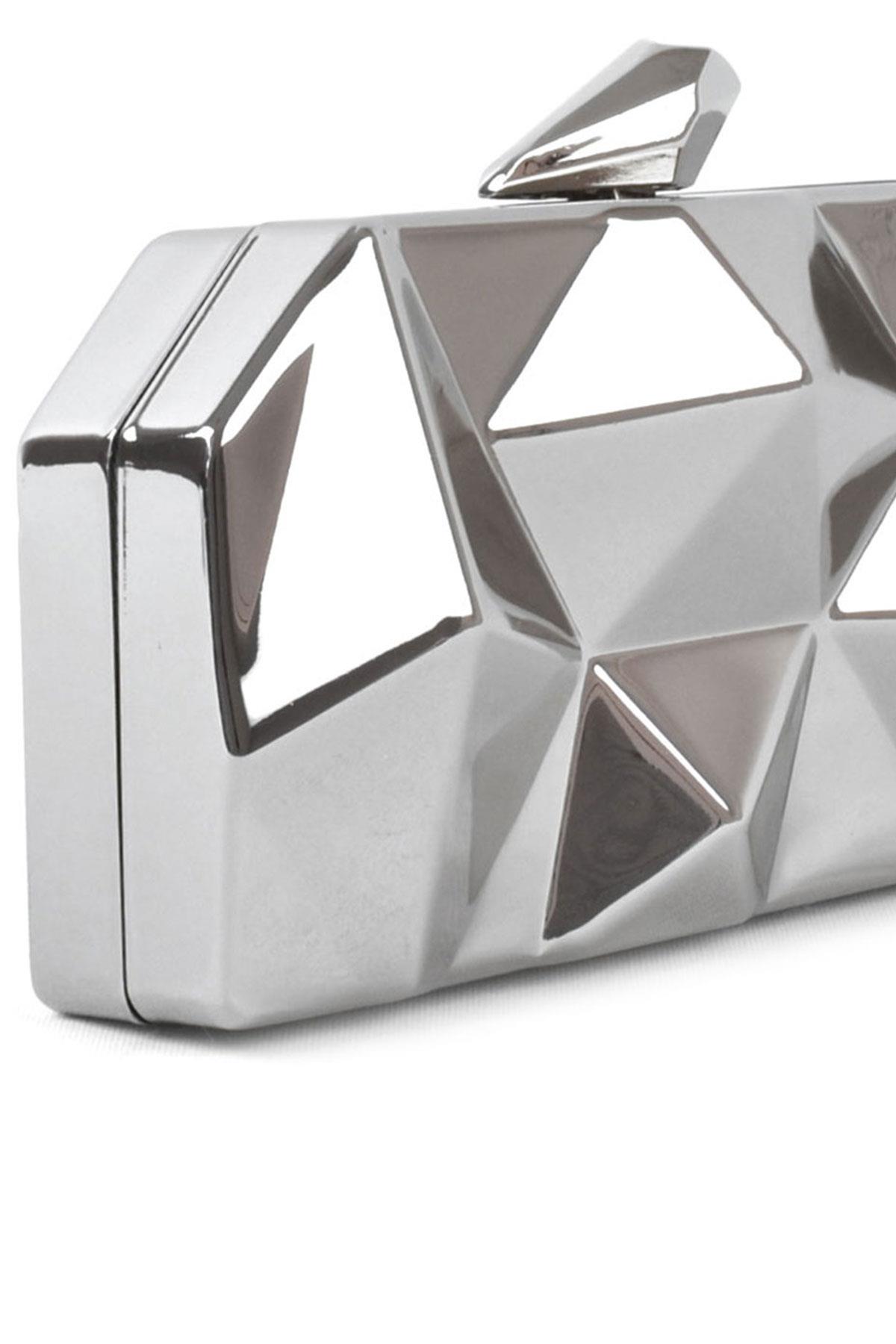 Geometrik Desenli Gümüş Metal Clutch Abiye Çanta KC980-G
